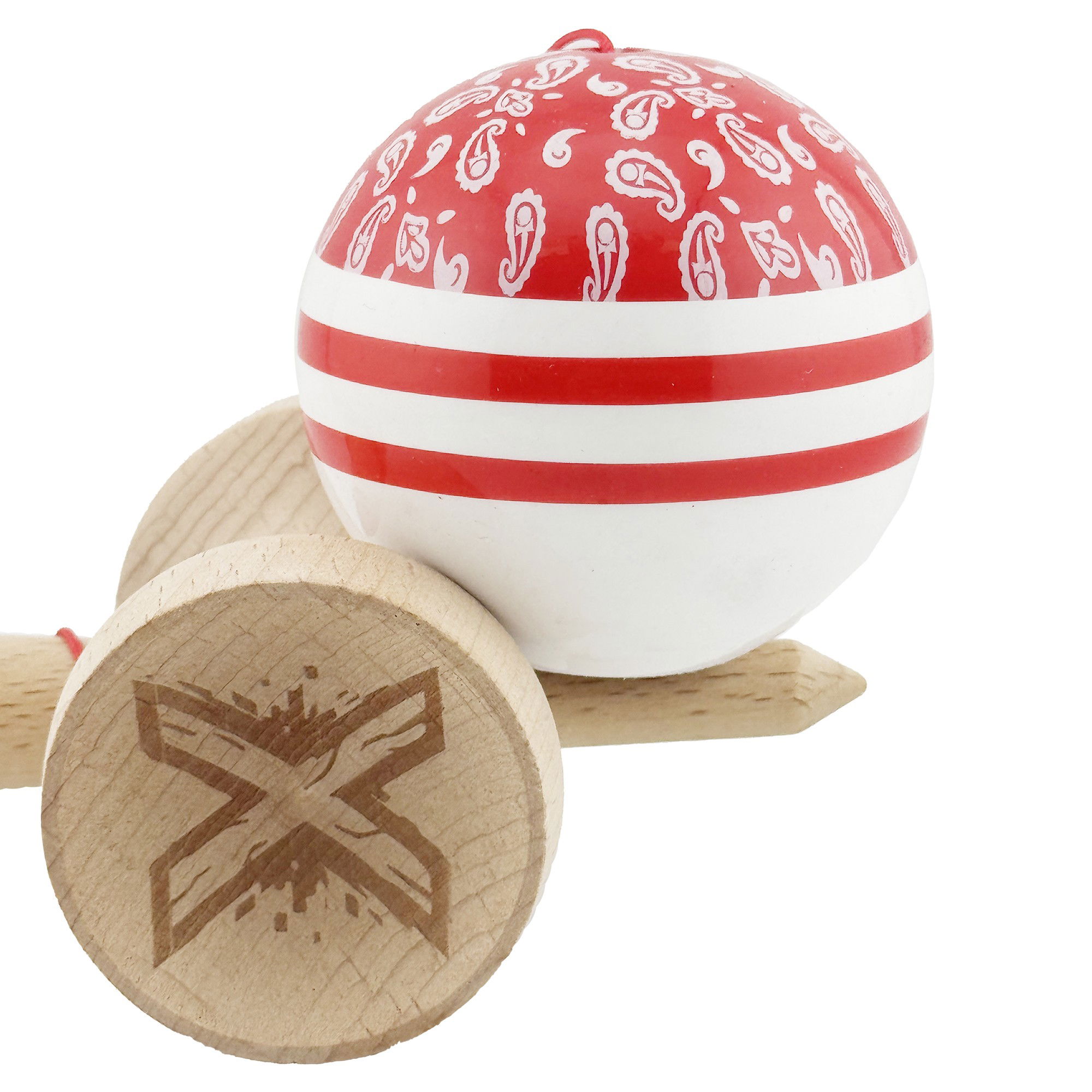 Kendama X Originala CHICANOS, Profesionala, Flippy, Cupe Mari KING SIZE V3, Super Sticky, Gaura in Baza, Rulment Metalic, din lemn 18 cm, Ata 62/65 cm, Rosu/Alb [8]