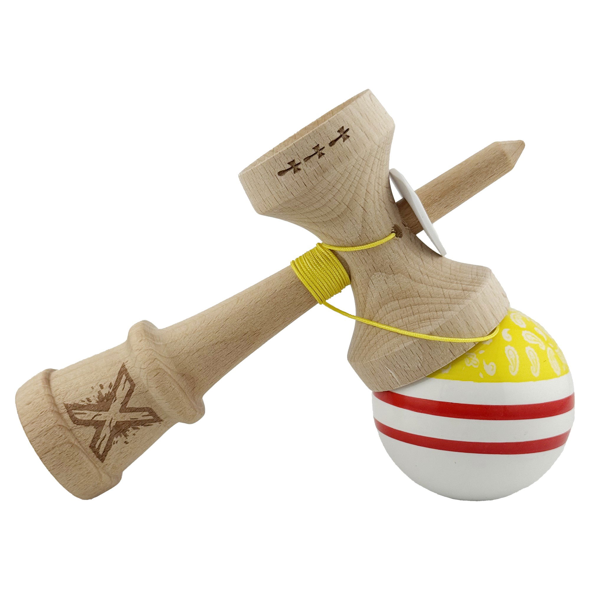Kendama X Originala CHICANOS, Profesionala, Flippy, Cupe Mari KING SIZE V3, Super Sticky, Gaura in Baza, Rulment Metalic, din lemn 18 cm, Ata 62/65 cm, Galben/Alb [5]