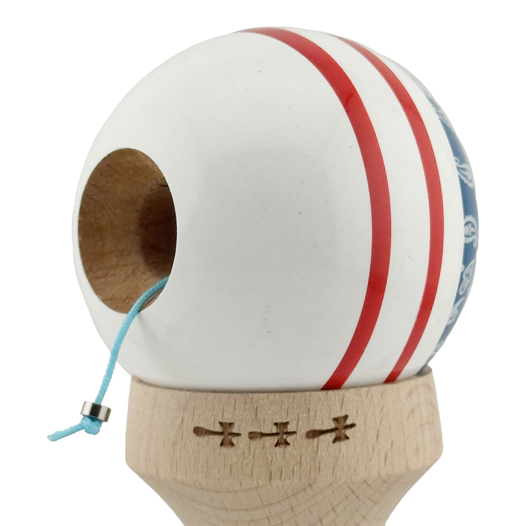 Kendama X Originala CHICANOS, Profesionala, Flippy, Cupe Mari KING SIZE V3, Super Sticky, Gaura in Baza, Rulment Metalic, din lemn 18 cm, Ata 62/65 cm, Albastru/Alb [6]