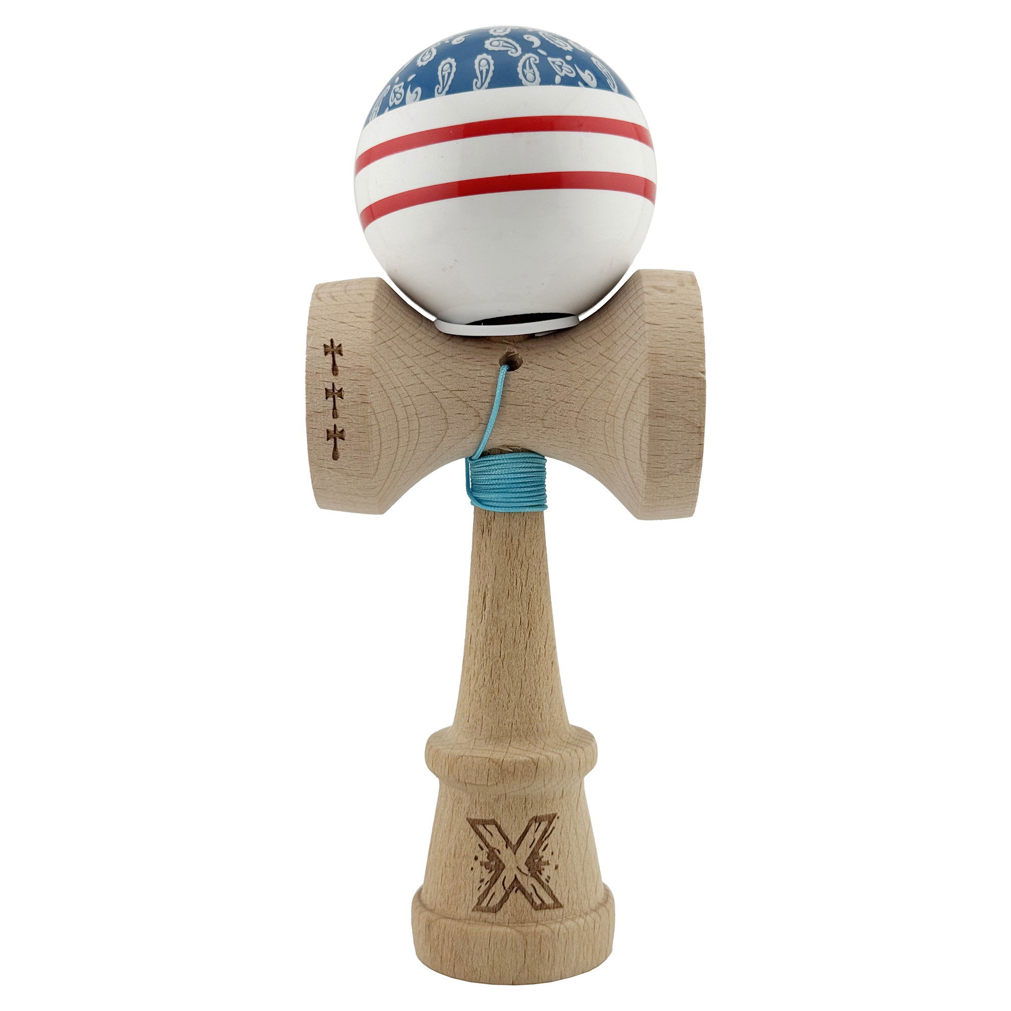 Kendama Chicanos V3 King Size - Kendama X Originala CHICANOS, Profesionala, Flippy, Cupe Mari KING SIZE V3, Super Sticky, Gaura in Baza, Rulment Metalic, din lemn 18 cm, Ata 62/65 cm, Albastru/Alb