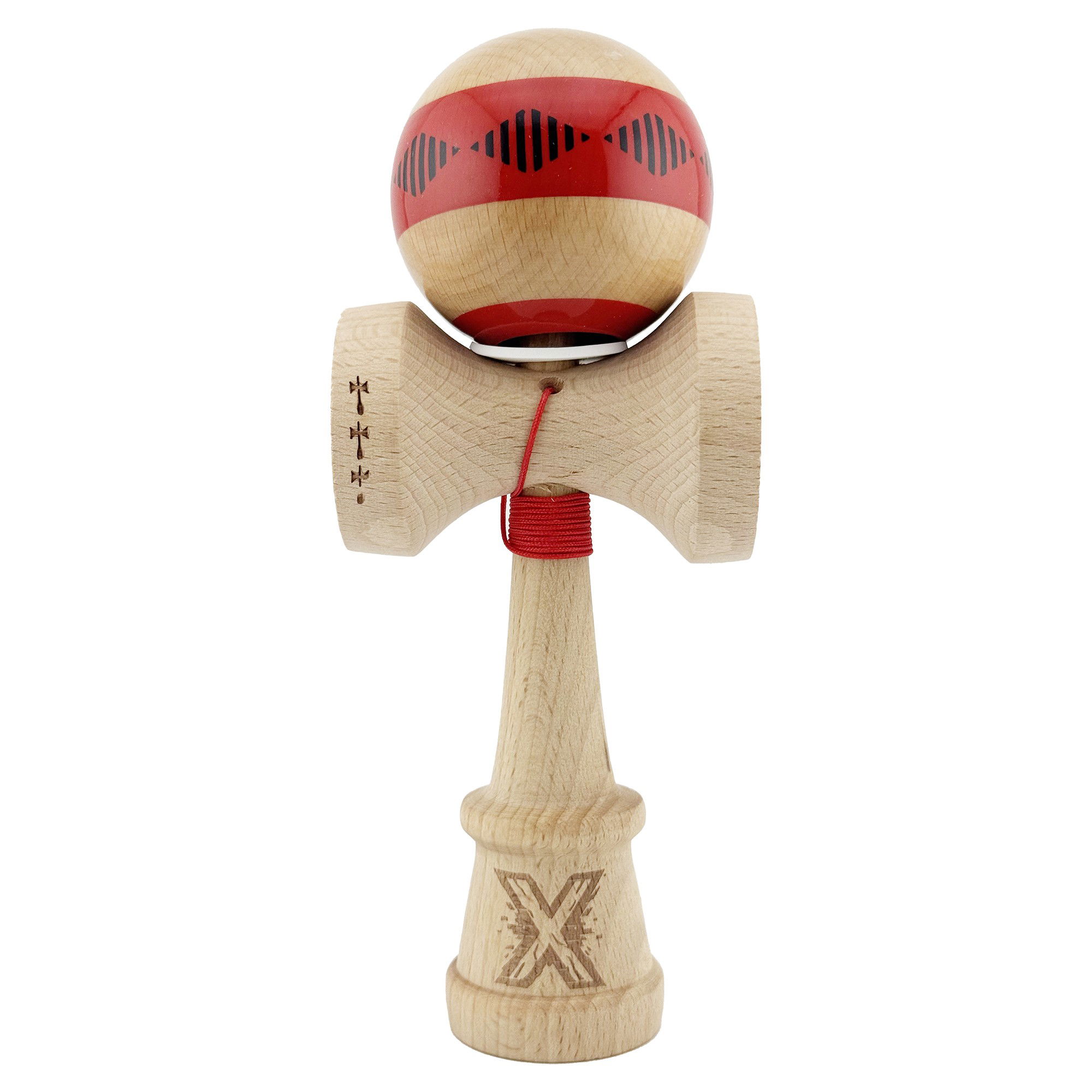 Kendama Frequency V3 King Size - Kendama X Originala FREQUENCY, Profesionala, Flippy, Cupe Mari KING SIZE V3, Super Sticky, Gaura in Baza, Rulment Metalic, din lemn 18 cm, Ata 62/65 cm, Rosu/Maro