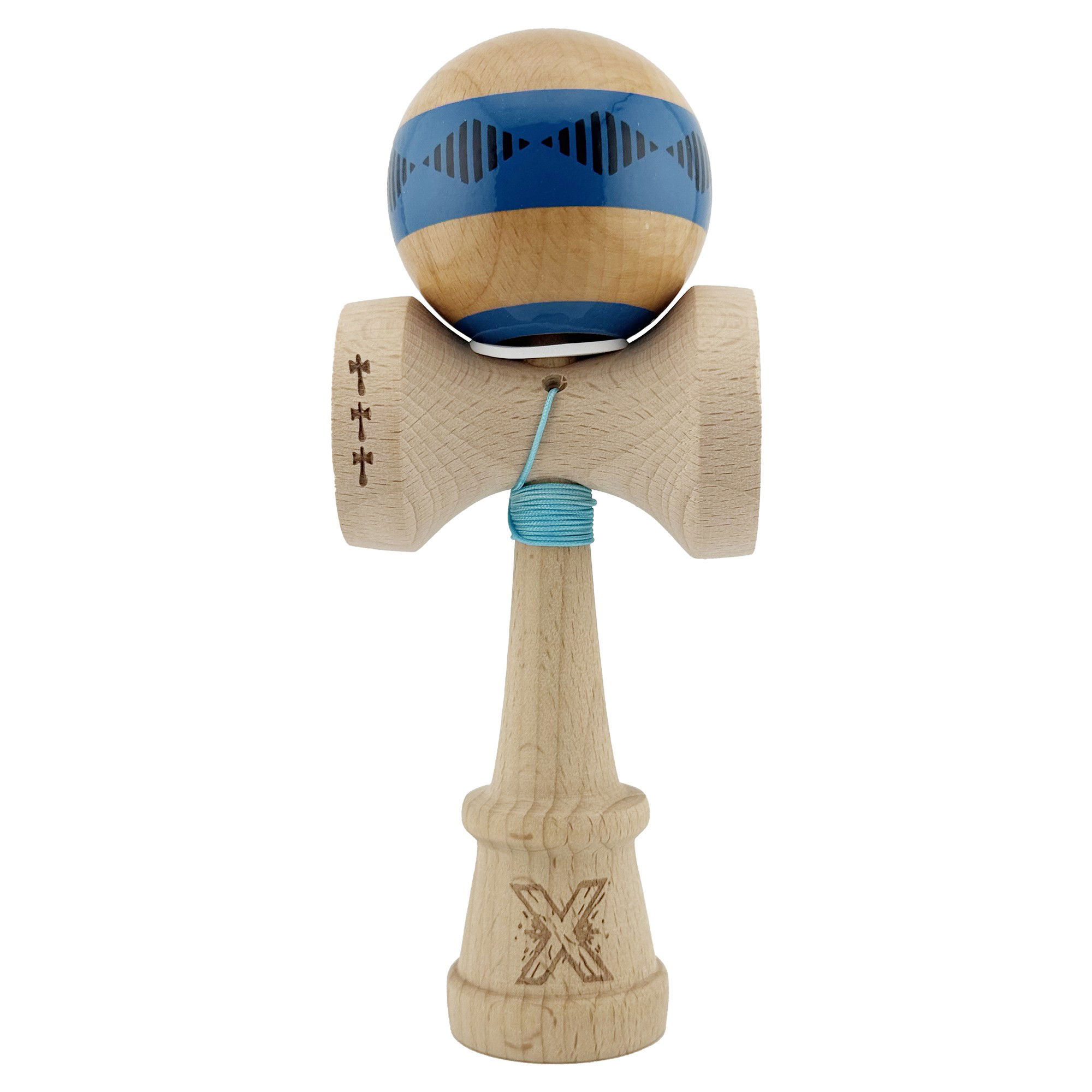 Kendama Frequency V3 King Size - Kendama X Originala FREQUENCY, Profesionala, Flippy, Cupe Mari KING SIZE V3, Super Sticky, Gaura in Baza, Rulment Metalic, din lemn 18 cm, Ata 62/65 cm, Albastru/Maro