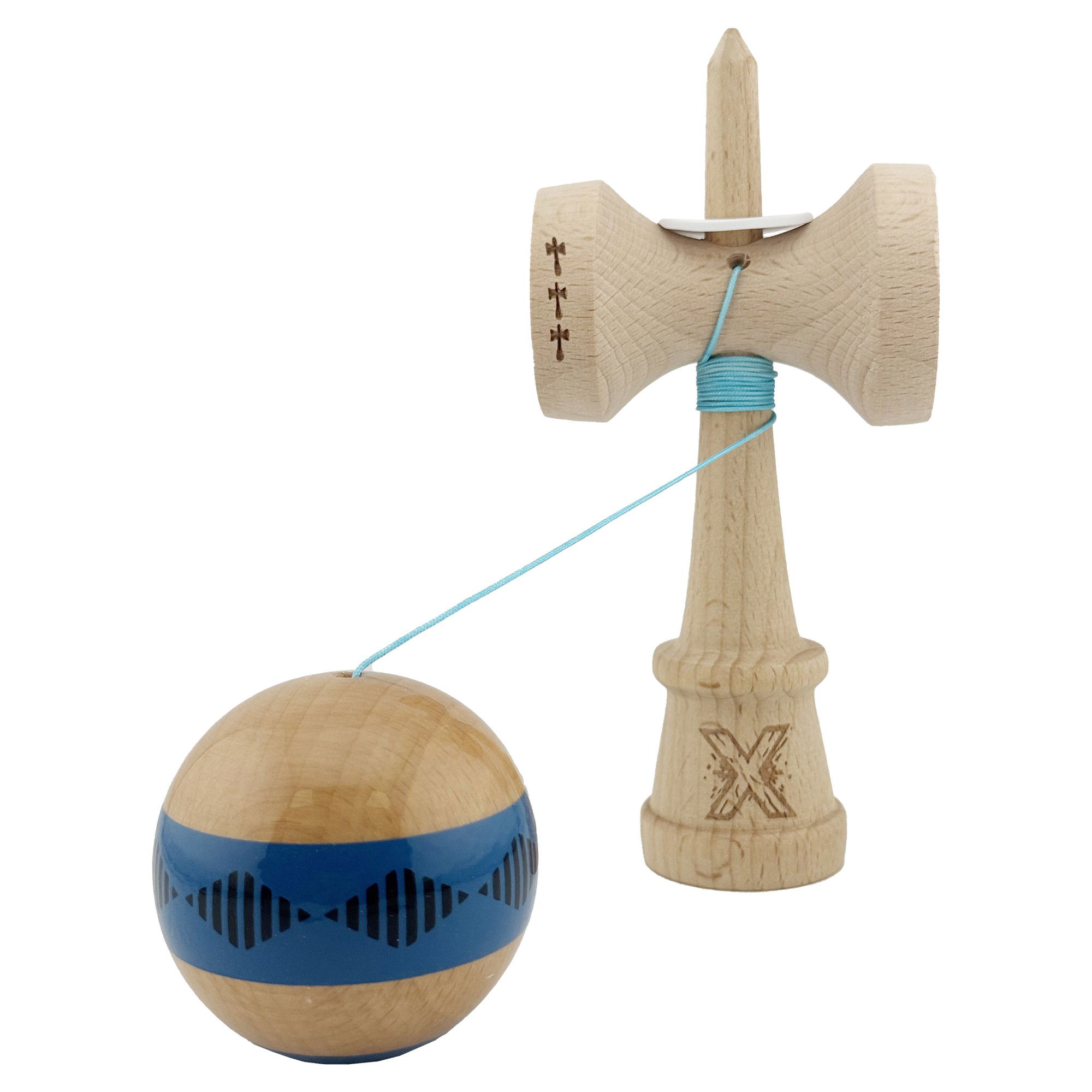 Kendama X Originala FREQUENCY, Profesionala, Flippy, Cupe Mari KING SIZE V3, Super Sticky, Gaura in Baza, Rulment Metalic, din lemn 18 cm, Ata 62/65 cm, Albastru/Maro [4]