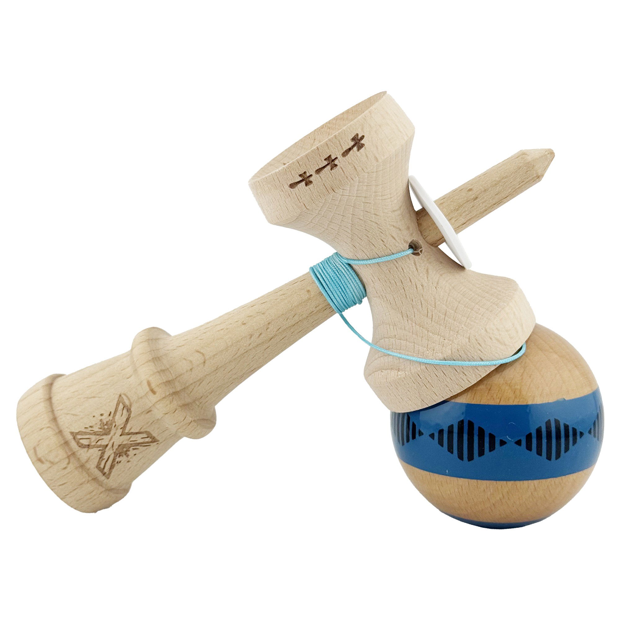 Kendama X Originala FREQUENCY, Profesionala, Flippy, Cupe Mari KING SIZE V3, Super Sticky, Gaura in Baza, Rulment Metalic, din lemn 18 cm, Ata 62/65 cm, Albastru/Maro [5]