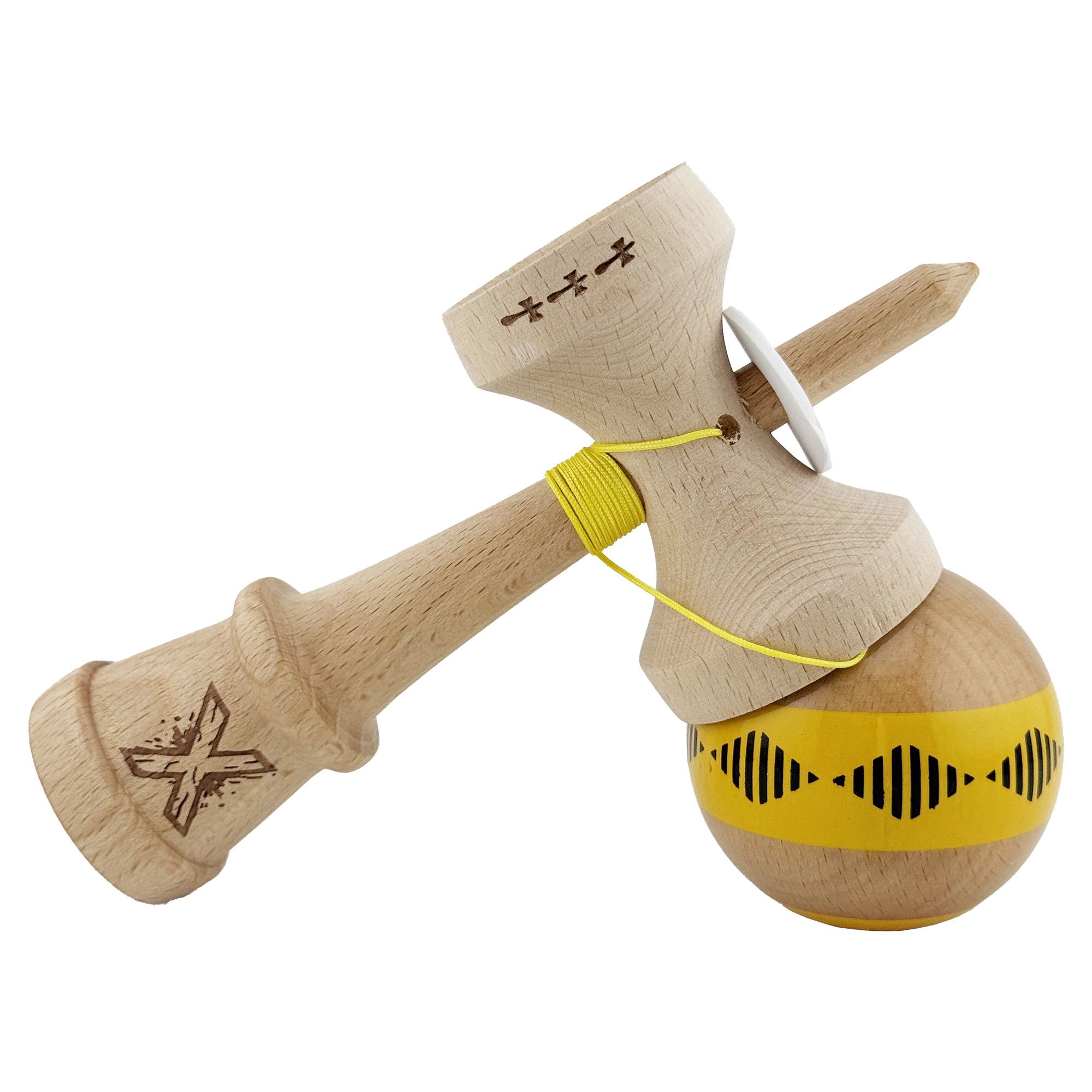 Kendama X Originala FREQUENCY, Profesionala, Flippy, Cupe Mari KING SIZE V3, Super Sticky, Gaura in Baza, Rulment Metalic, din lemn 18 cm, Ata 62/65 cm, Galben/Maro [13]