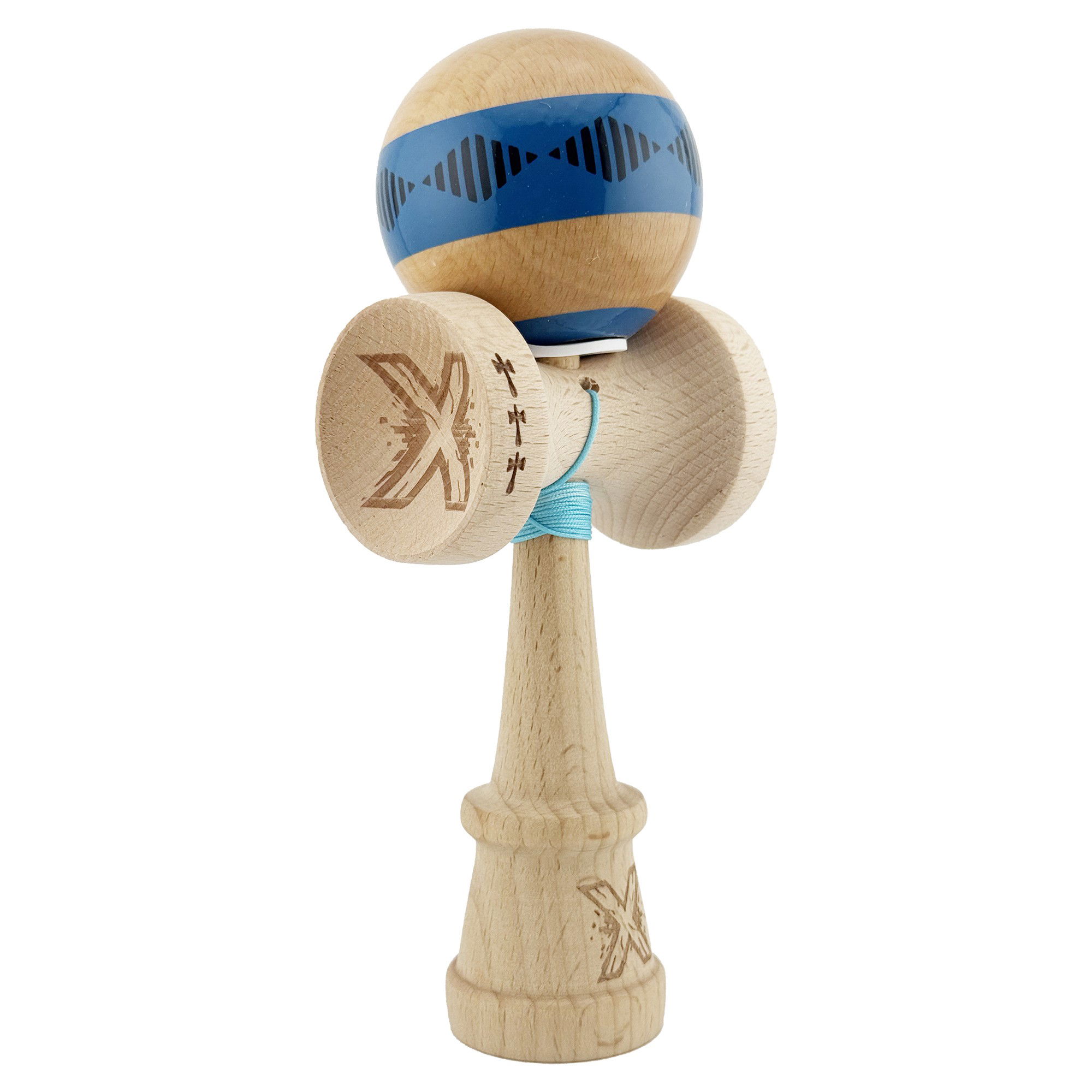 Kendama Frequency V3 King Size - Kendama X Originala FREQUENCY, Profesionala, Flippy, Cupe Mari KING SIZE V3, Super Sticky, Gaura in Baza, Rulment Metalic, din lemn 18 cm, Ata 62/65 cm, Albastru/Maro