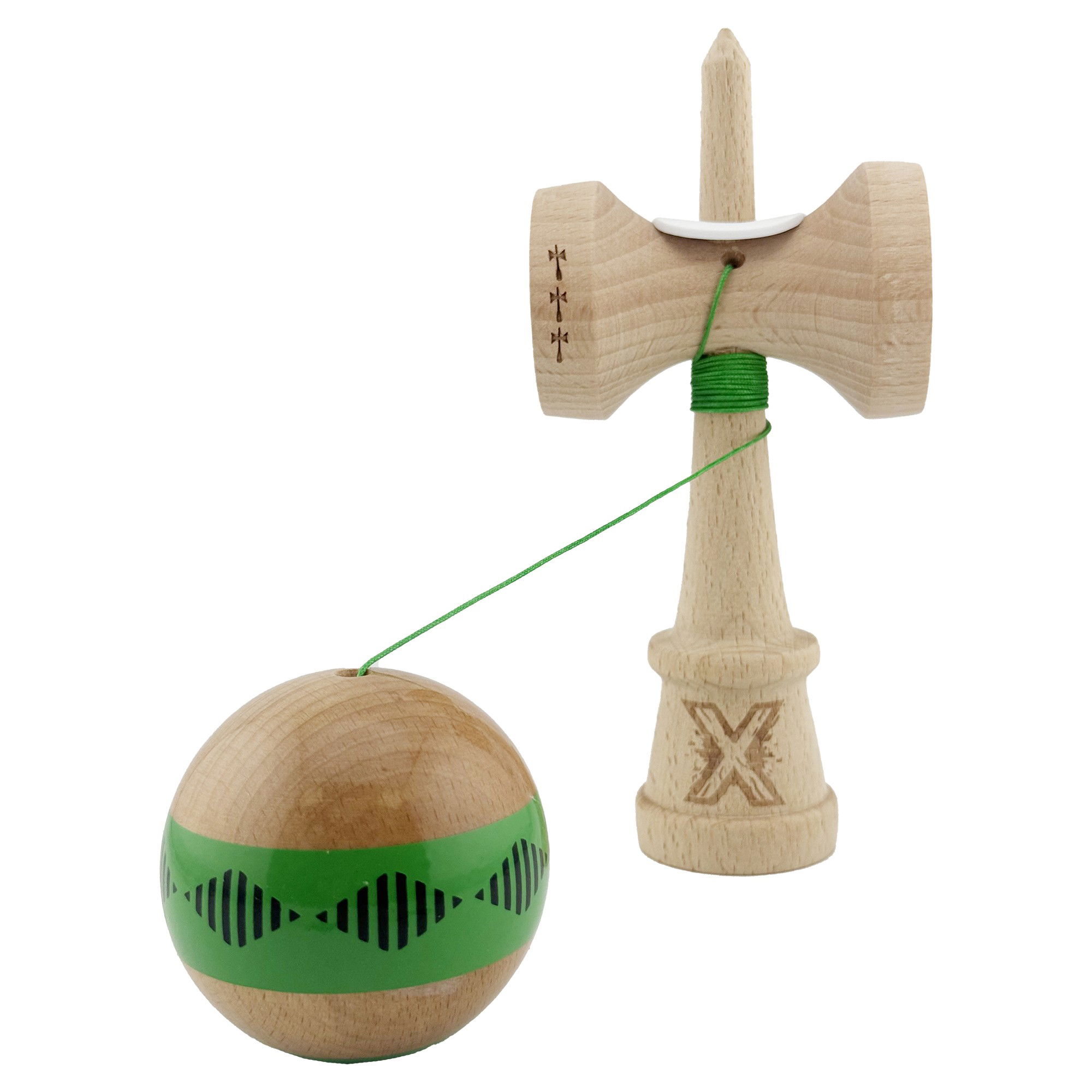 Kendama X Originala FREQUENCY, Profesionala, Flippy, Cupe Mari KING SIZE V3, Super Sticky, Gaura in Baza, Rulment Metalic, din lemn 18 cm, Ata 62/65 cm, Verde/Maro [5]