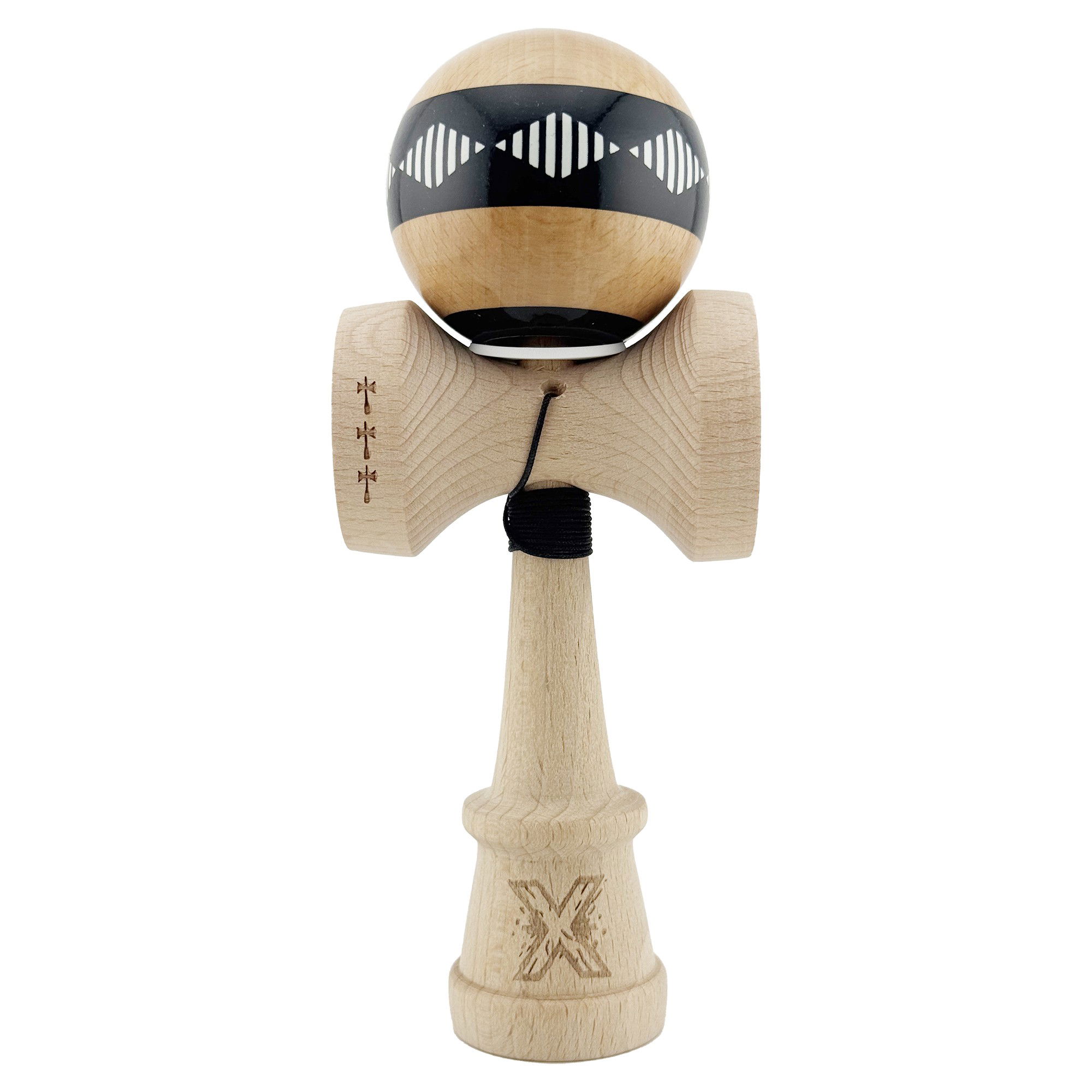 Kendama Frequency V3 King Size - Kendama X Originala FREQUENCY, Profesionala, Flippy, Cupe Mari KING SIZE V3, Super Sticky, Gaura in Baza, Rulment Metalic, din lemn 18 cm, Ata 62/65 cm, Negru/Maro