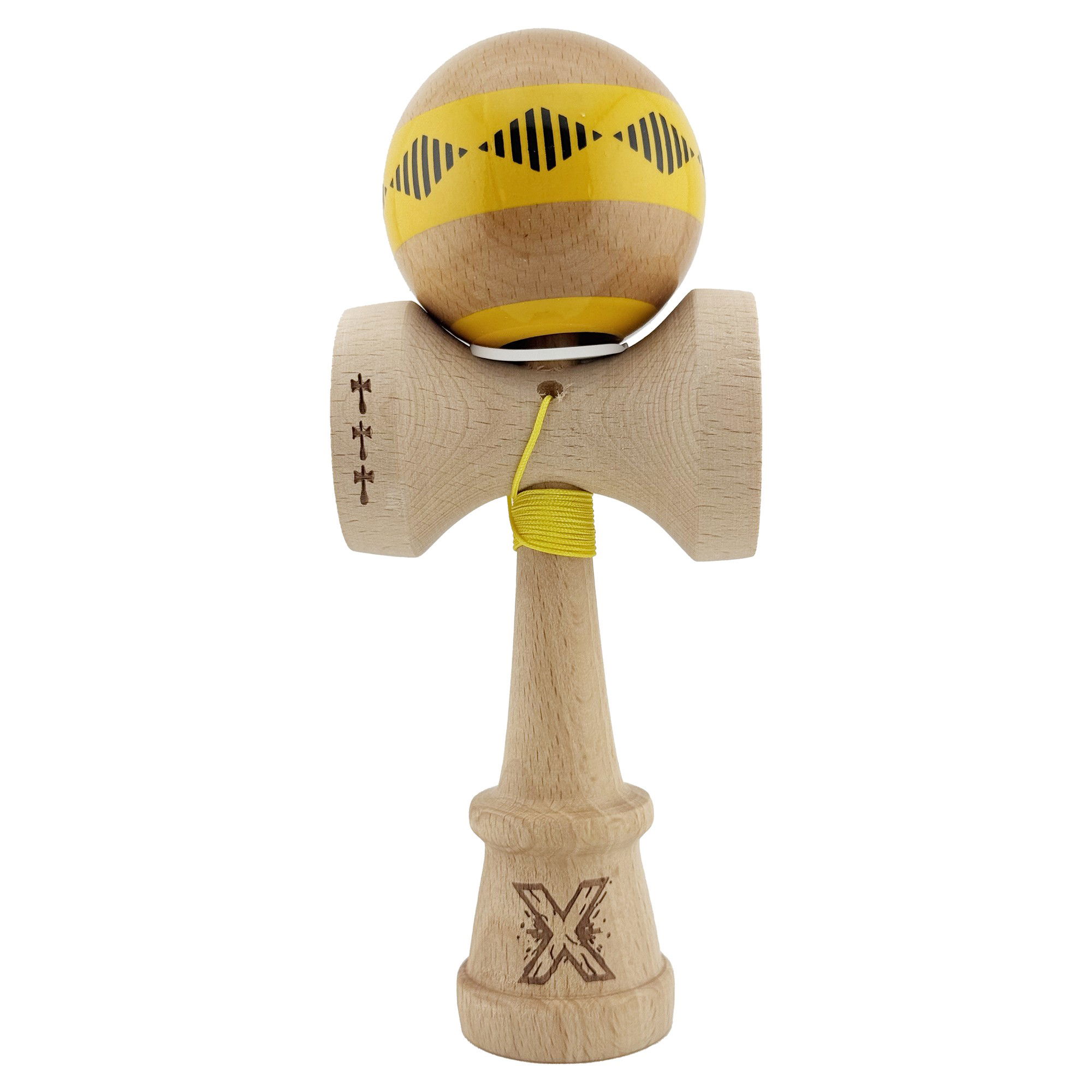 Kendama X Originala FREQUENCY, Profesionala, Flippy, Cupe Mari KING SIZE V3, Super Sticky, Gaura in Baza, Rulment Metalic, din lemn 18 cm, Ata 62/65 cm, Galben/Maro [9]