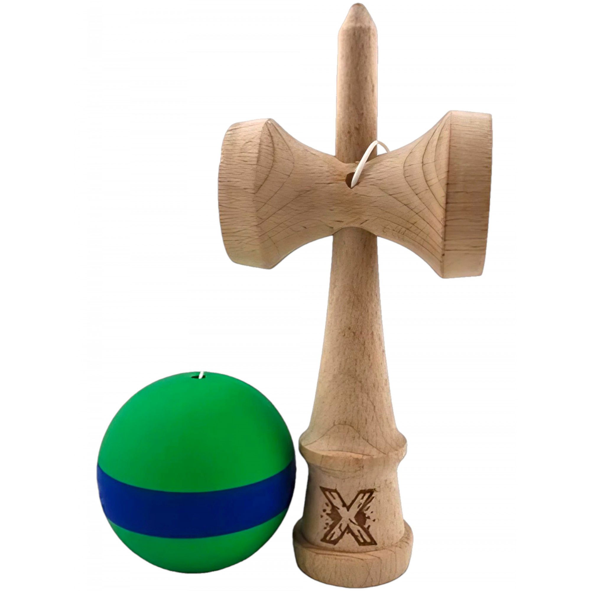 Kendama X Originala, Profesionala, Flippy, 18 cm, din Lemn, Rubber Grip, Verde/Albastru [3]