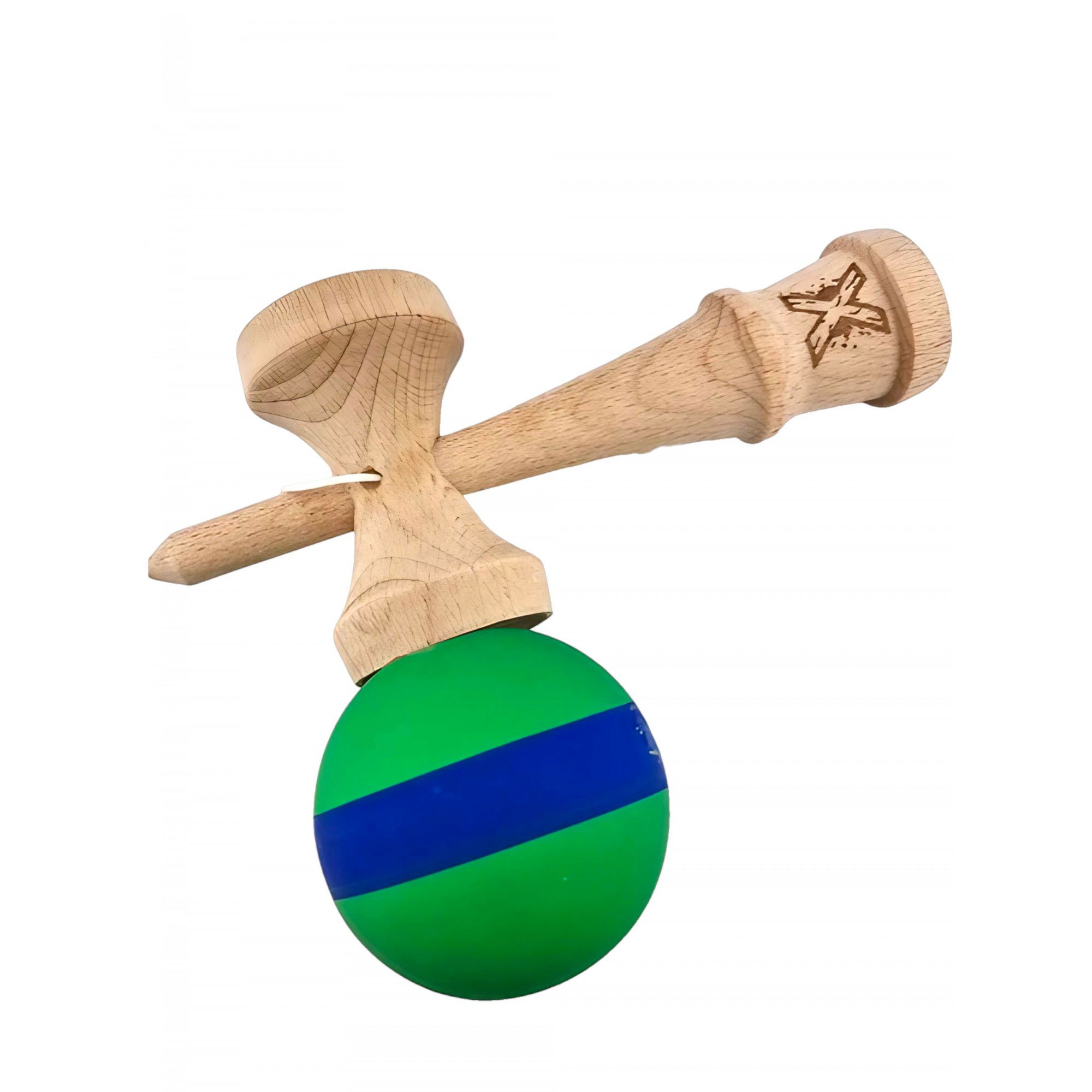 Kendama X Originala, Profesionala, Flippy, 18 cm, din Lemn, Rubber Grip, Verde/Albastru [4]
