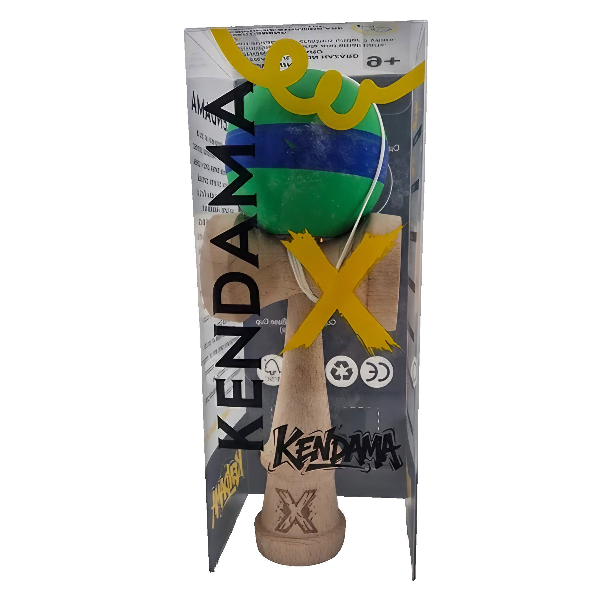 Kendama Rubber Grip - Kendama X Originala, Profesionala, Flippy, 18 cm, din Lemn, Rubber Grip, Verde/Albastru