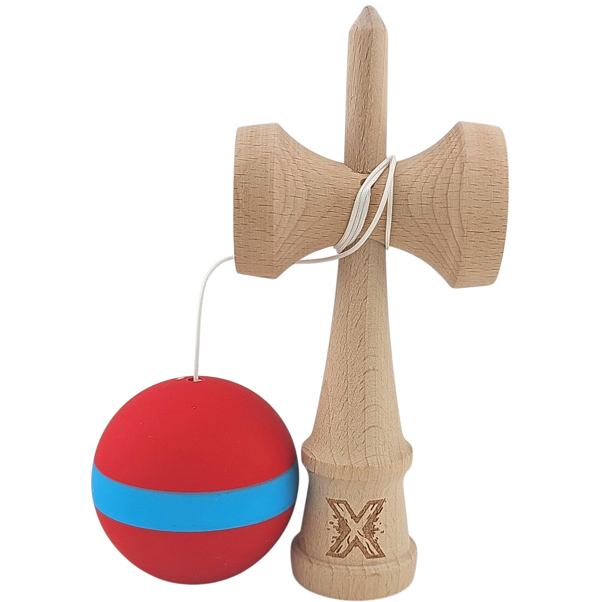 Kendama X Originala, Profesionala, Flippy, 18 cm, din Lemn, Rubber Grip, Rosu/Albastru [3]