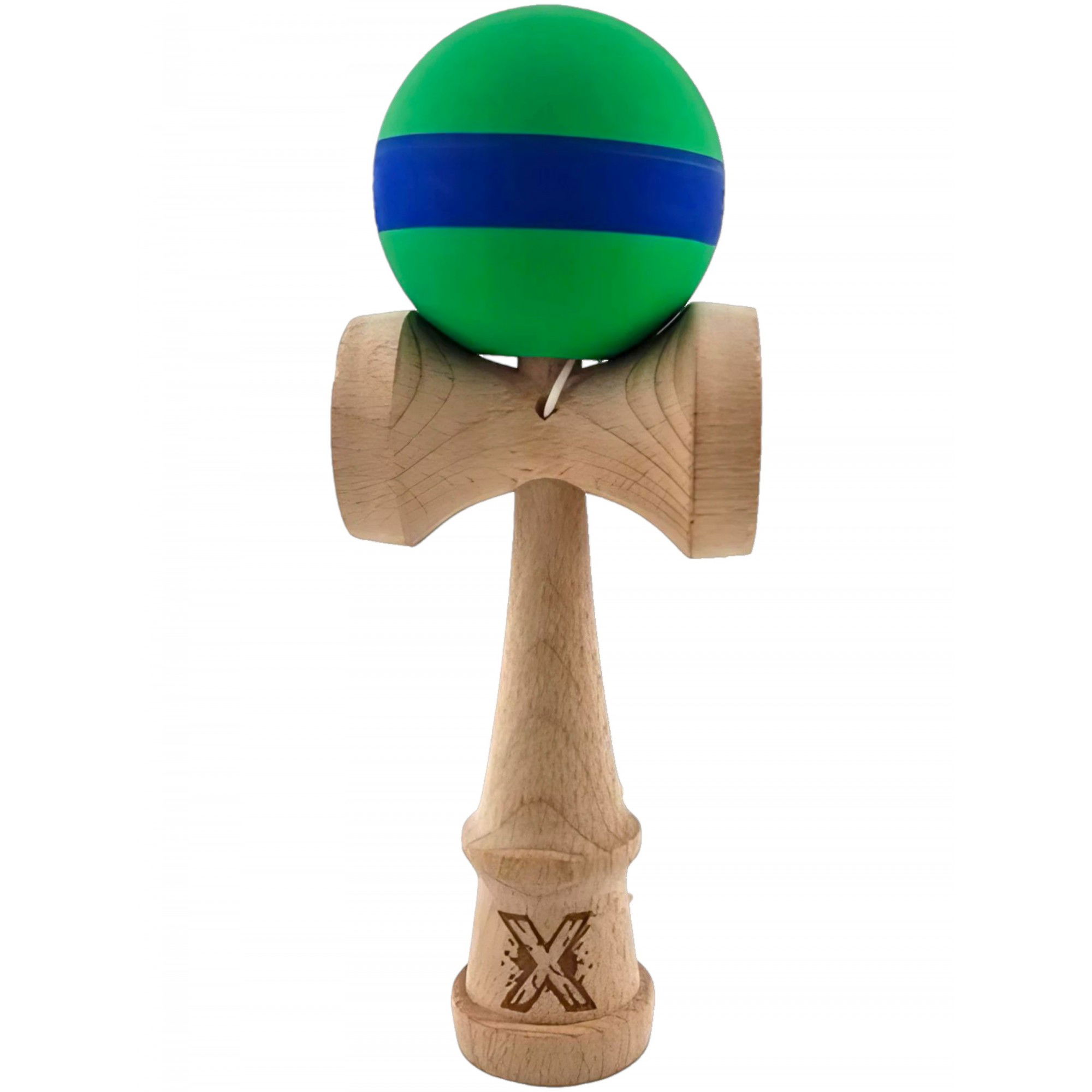 Kendama Rubber Grip - Kendama X Originala, Profesionala, Flippy, 18 cm, din Lemn, Rubber Grip, Verde/Albastru