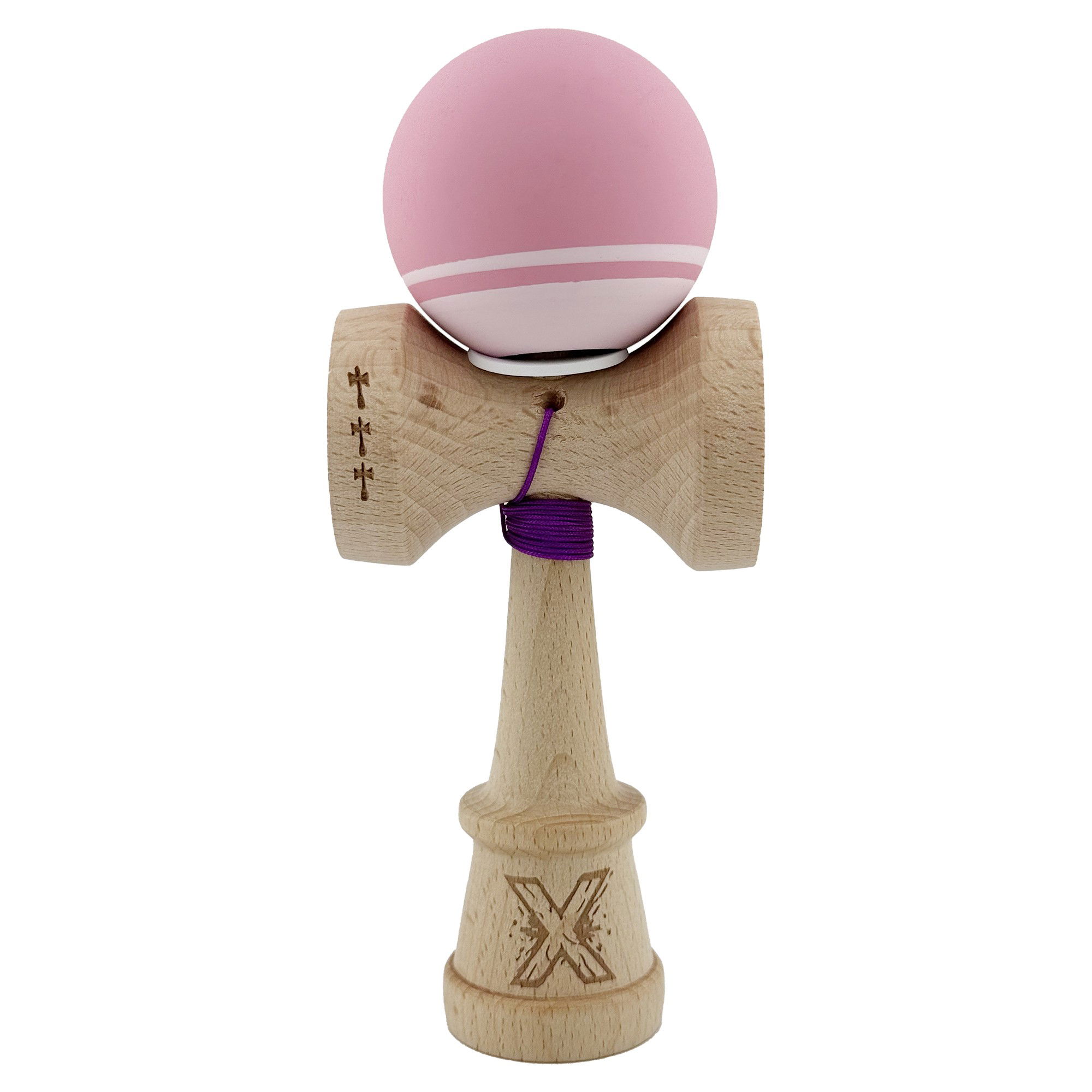Kendama Rubber Grip V3 Cupe Mari - Kendama X Originala, Profesionala, Flippy, Rubber Grip, Cupe Mari KING SIZE V3, Gaura in Baza, Rulment Metalic, din lemn 18 cm, Ata 62/65 cm, Bicolor Roz/Roz deschis