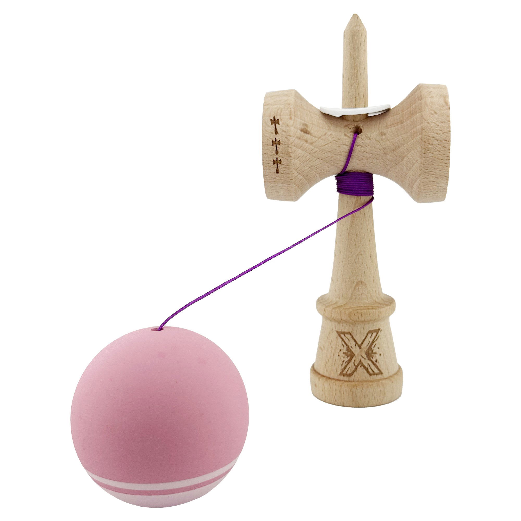 Kendama X Originala, Profesionala, Flippy, Rubber Grip, Cupe Mari KING SIZE V3, Gaura in Baza, Rulment Metalic, din lemn 18 cm, Ata 62/65 cm, Bicolor Roz/Roz deschis [4]