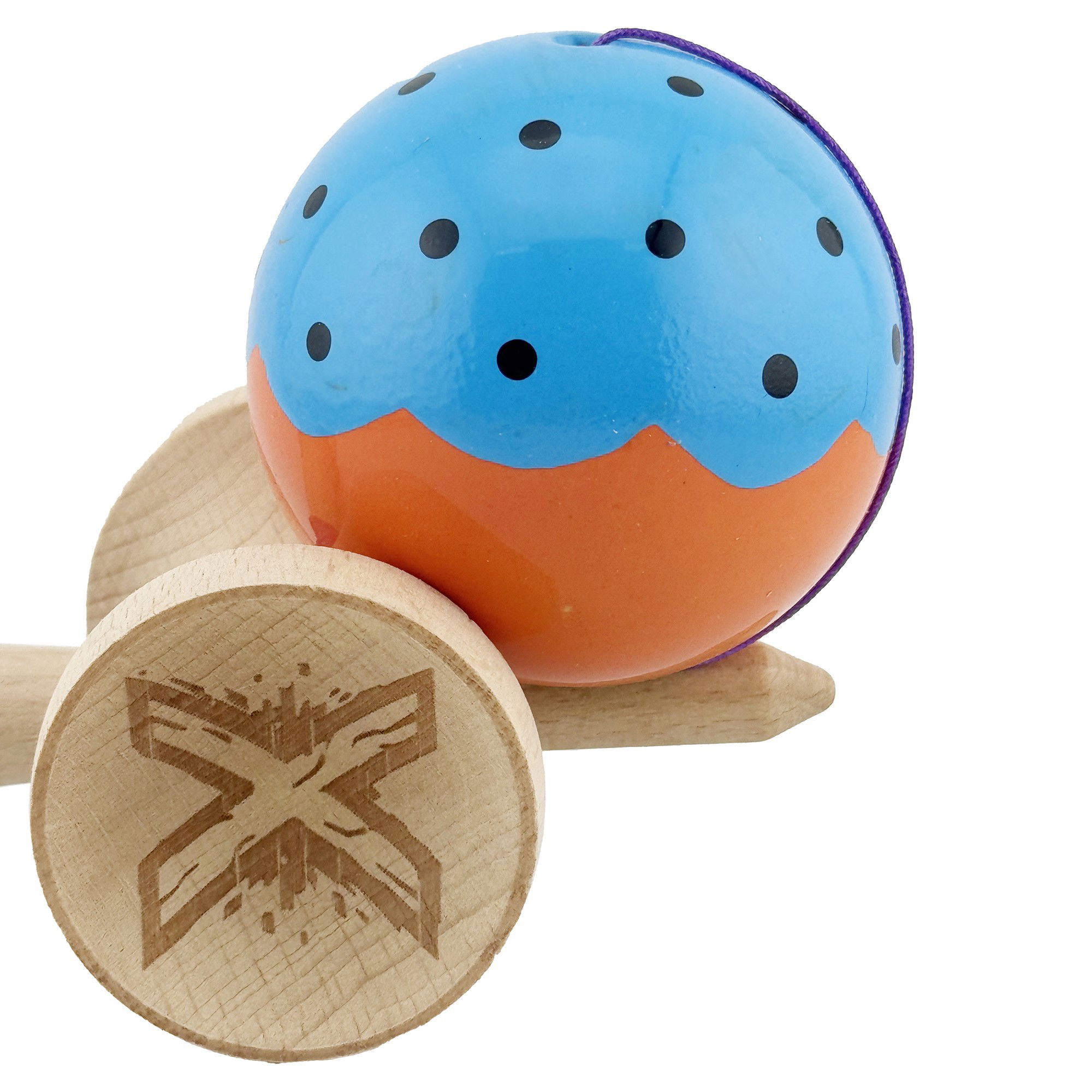 Kendama X Originala, Profesionala, Flippy, Big Cups V2, Super Sticky cu Cupe Mari, din lemn 18 cm, Rulment Metalic cu Ata 55 cm, Albastru/Portocaliu [7]