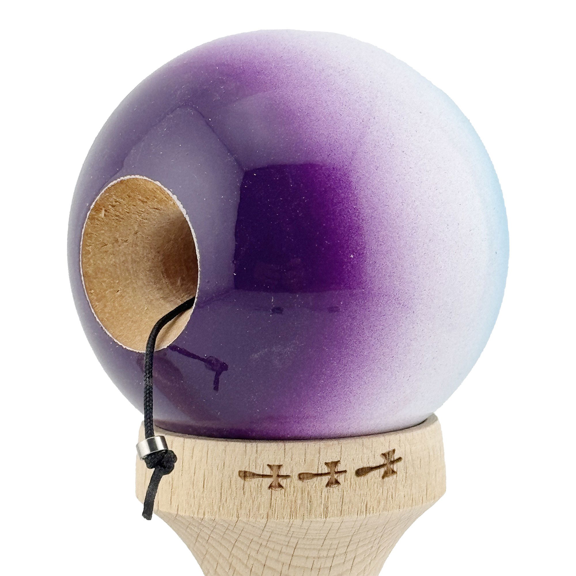 Kendama X Originala, Profesionala, Flippy, Big Cups V2, Super Sticky cu Cupe Mari, din lemn 18 cm, Rulment Metalic cu Ata 55 cm, Albastru/Alb/Mov [5]