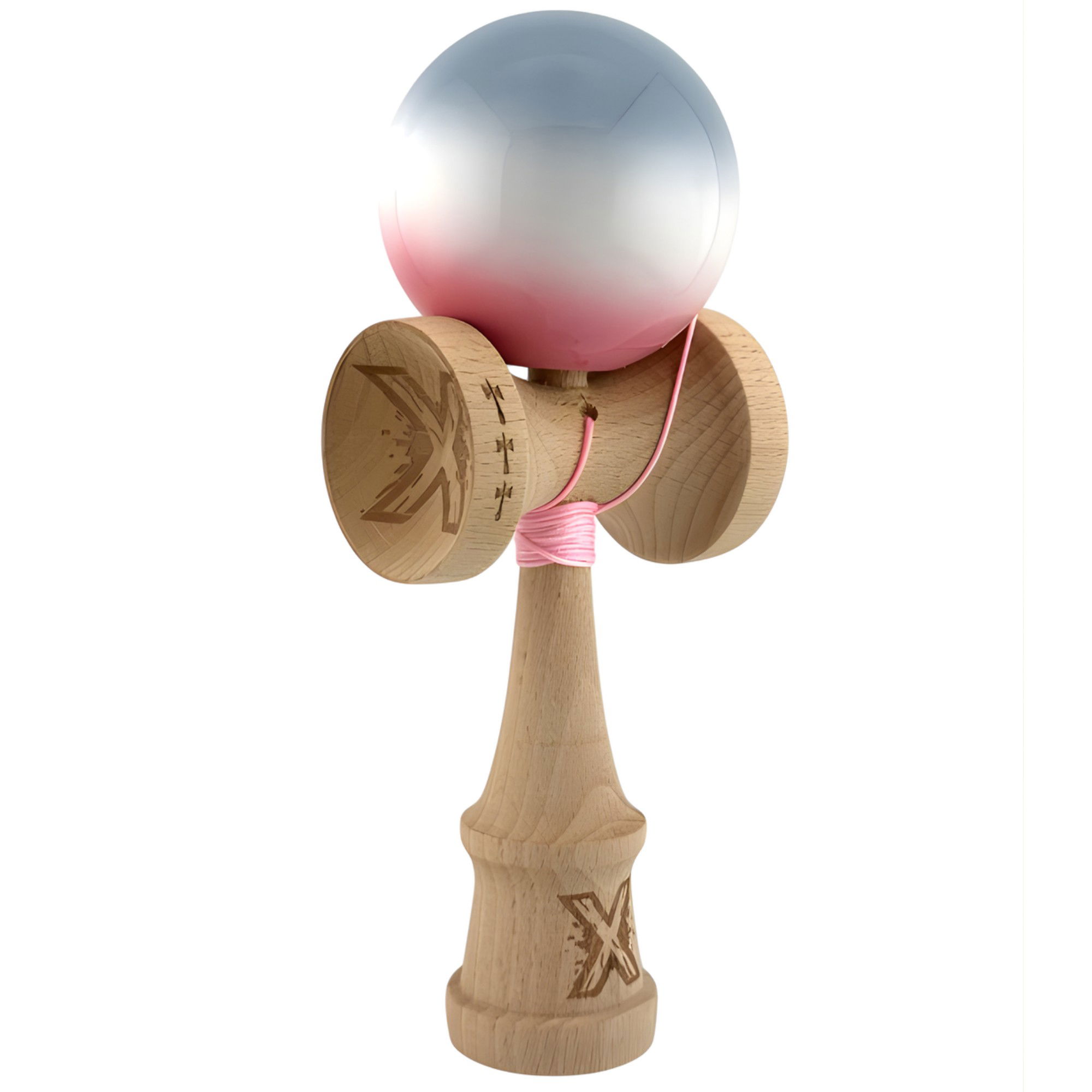 Kendama X Originala, Profesionala, Flippy, Big Cups V2, Super Sticky Cupe Mari, Rulment Metalic cu Ata 55 cm, Gradient Roz/Alb/Gri [8]
