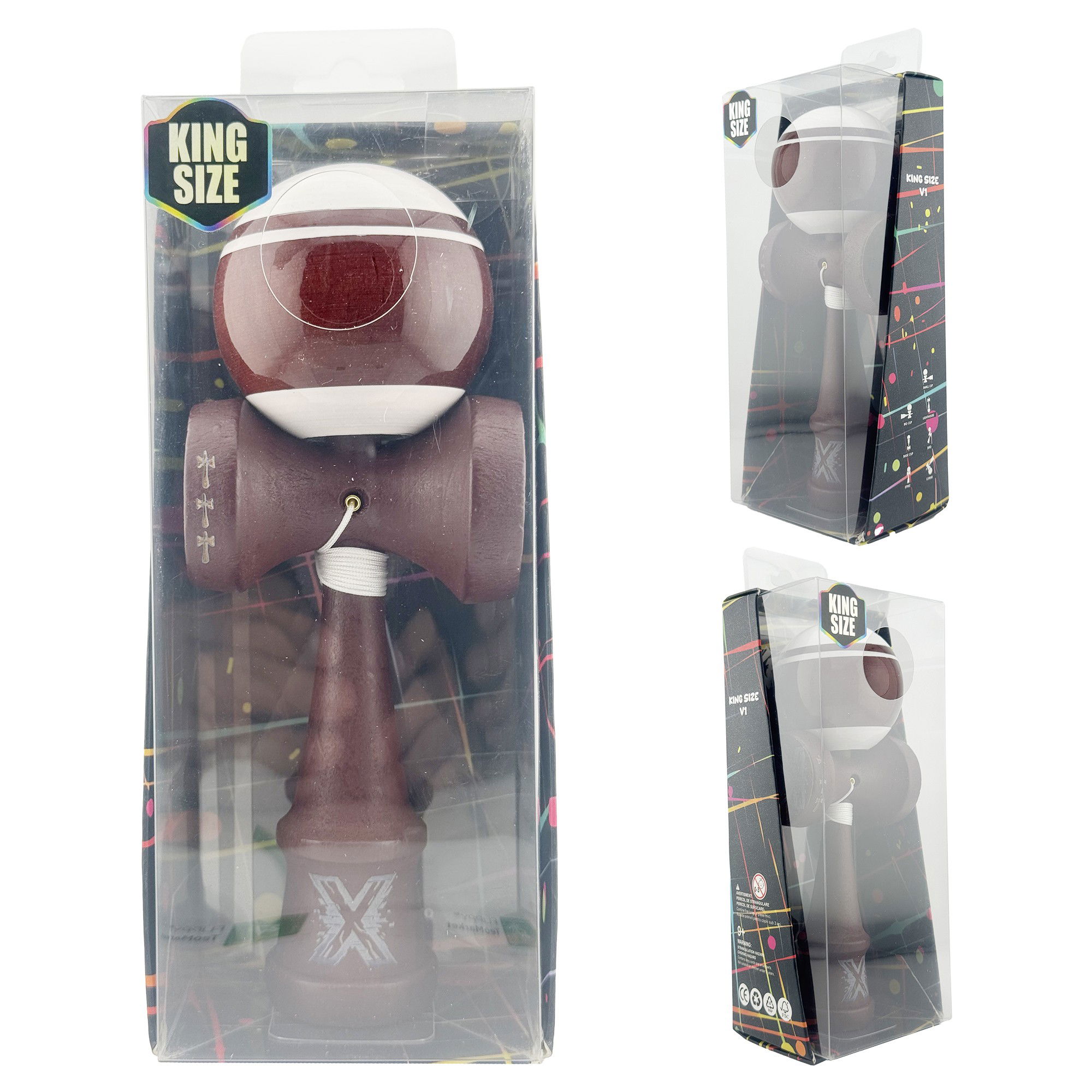 Kendama X Originala, Profesionala, Flippy, Super Sticky Legendary, Rulment Metalic cu Ata 55 cm, Alb/Maro [10]