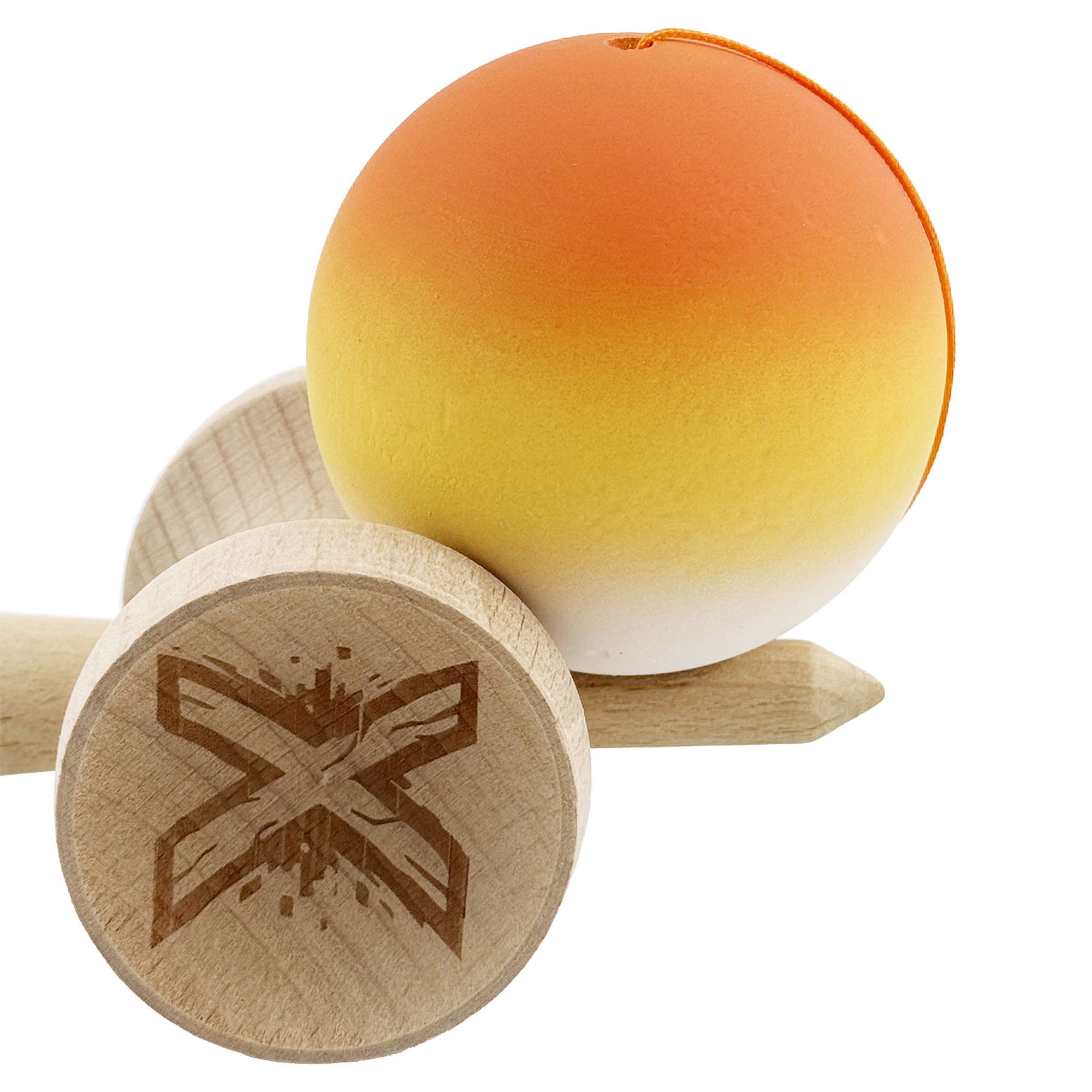 Kendama X Originala, Profesionala, Flippy, Cupe Mari KING SIZE V3, Rubber Grip, Gaura in Baza, Rulment Metalic, din lemn 18 cm, Ata 62/65 cm, Gradient Portocaliu/Galben/Alb [8]