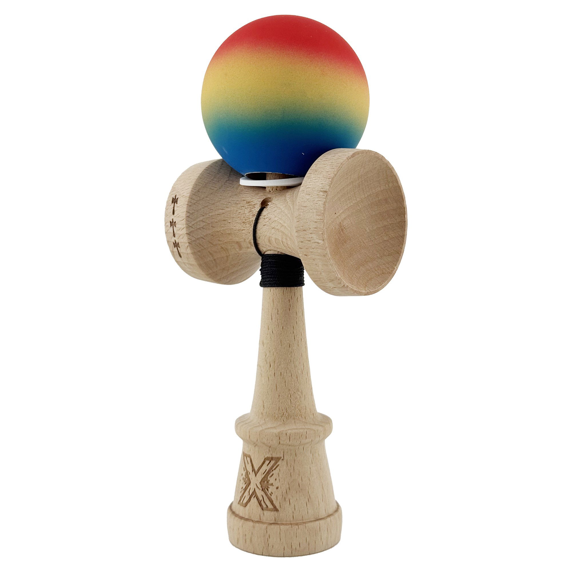 Kendama X Originala, Profesionala, Flippy, Cupe Mari KING SIZE V3, Rubber Grip, Gaura in Baza, Rulment Metalic, din lemn 18 cm, Ata 62/65 cm, Gradient Rosu/Galben/Albastru [3]