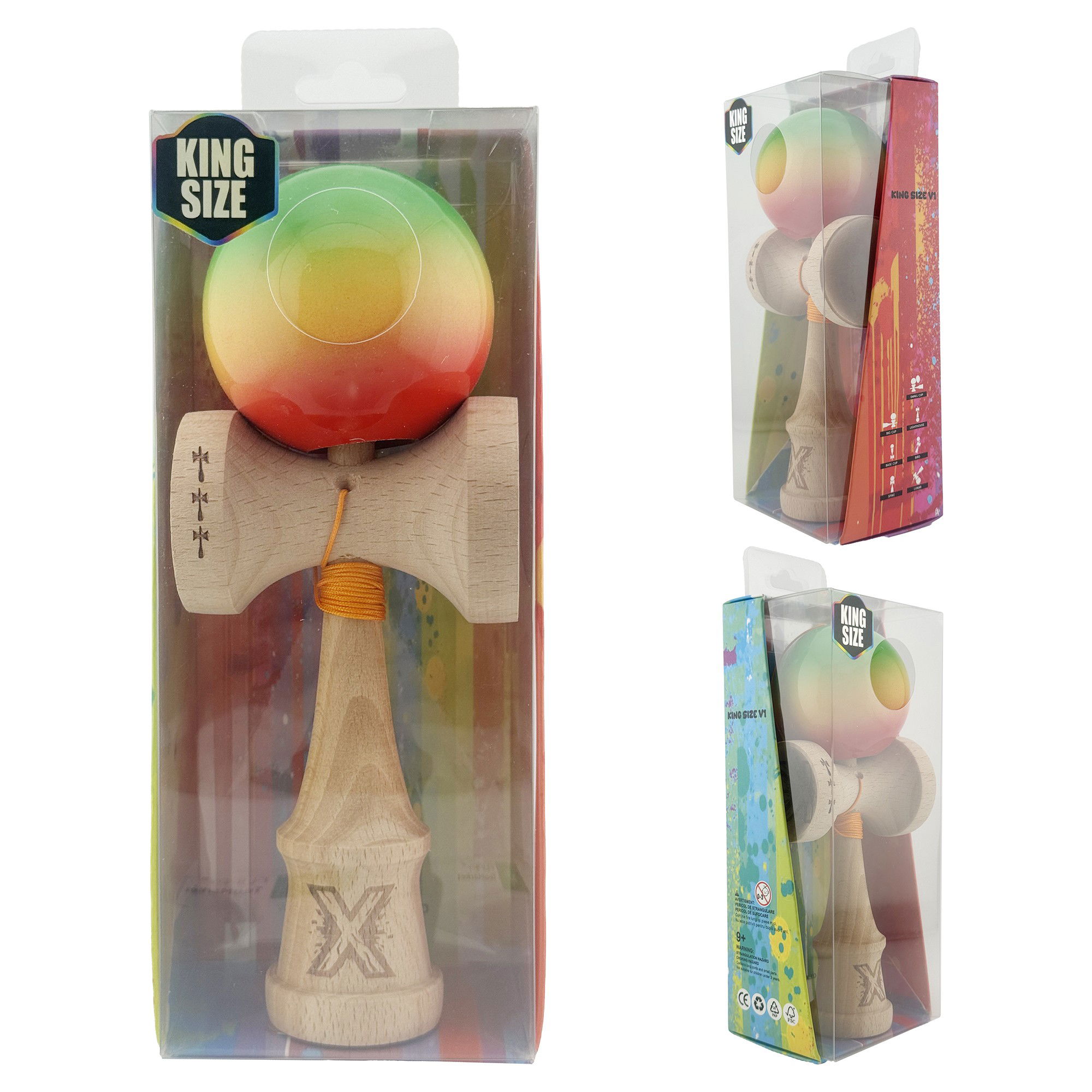 Kendama X Originala, Profesionala, Flippy, Big Cups V2, Super Sticky Cupe Mari, Rulment Metalic cu Ata 55 cm, Verde/Galben/Rosu [10]