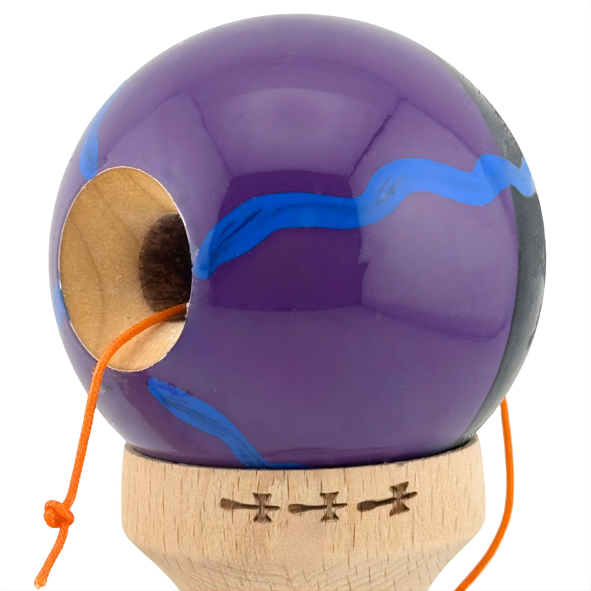 Kendama X Originala, Profesionala, Flippy, Big Cups V2, Super Sticky Cupe Mari, Rulment Metalic cu Ata 55 cm, Negru Mov cu Linii [3]