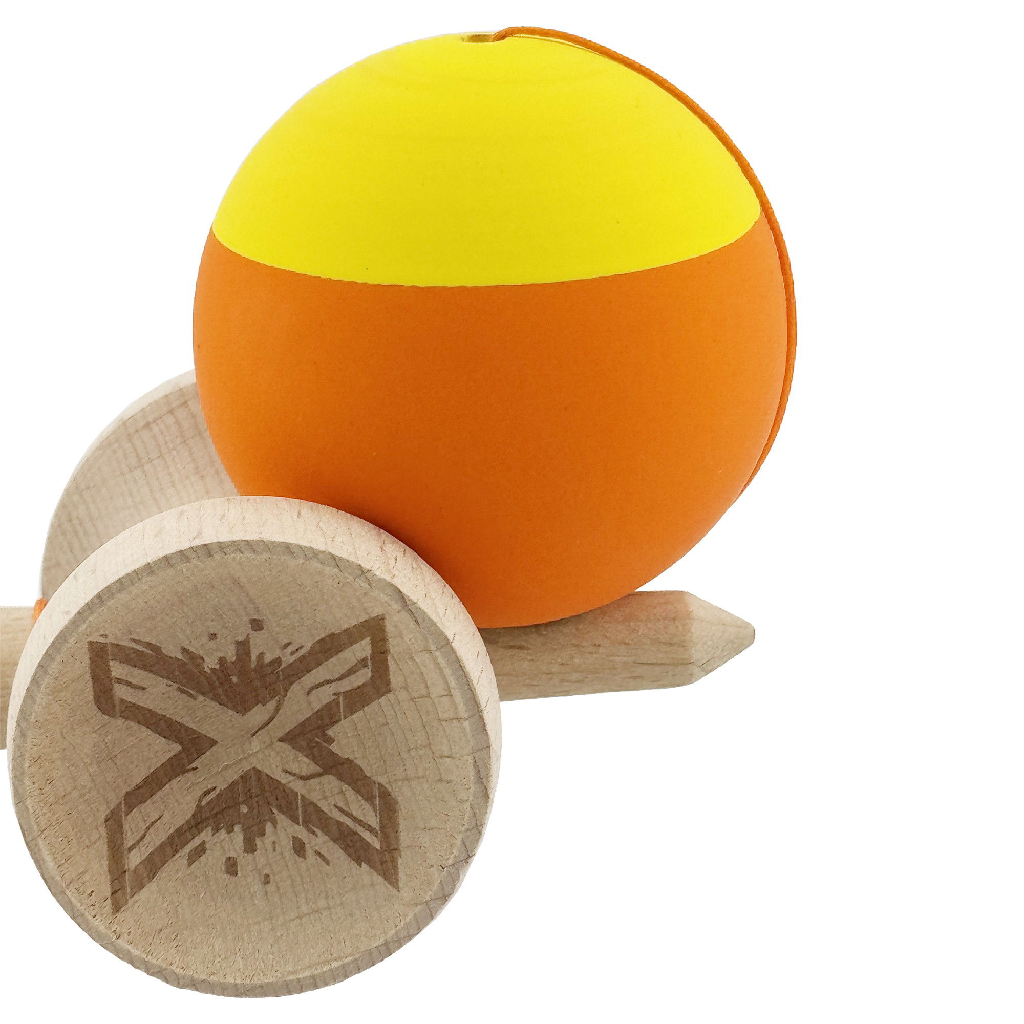 Kendama X Originala, Profesionala, Flippy, Rubber Grip, Cupe Mari KING SIZE V3, Gaura in Baza, Rulment Metalic, din lemn 18 cm, Ata 62/65 cm, Bicolor Galben/Portocaliu [9]
