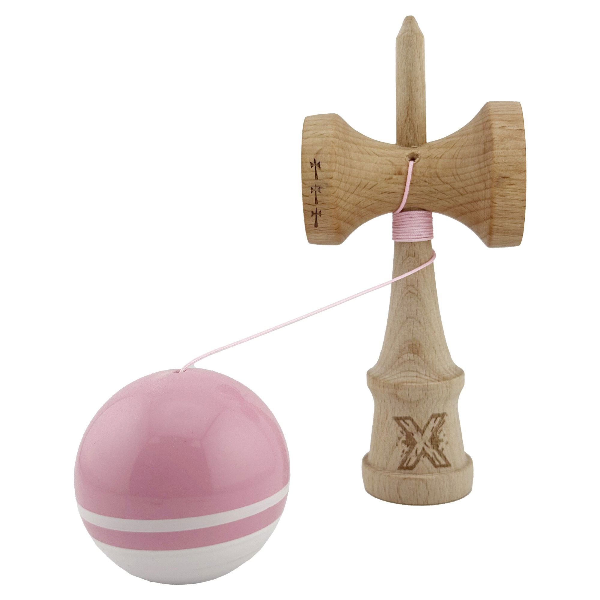 Kendama X Originala, Profesionala, Flippy, Big Cups V2, Super Sticky cu Cupe Mari, din lemn 18 cm, Rulment Metalic cu Ata 55 cm, Roz/Alb [3]