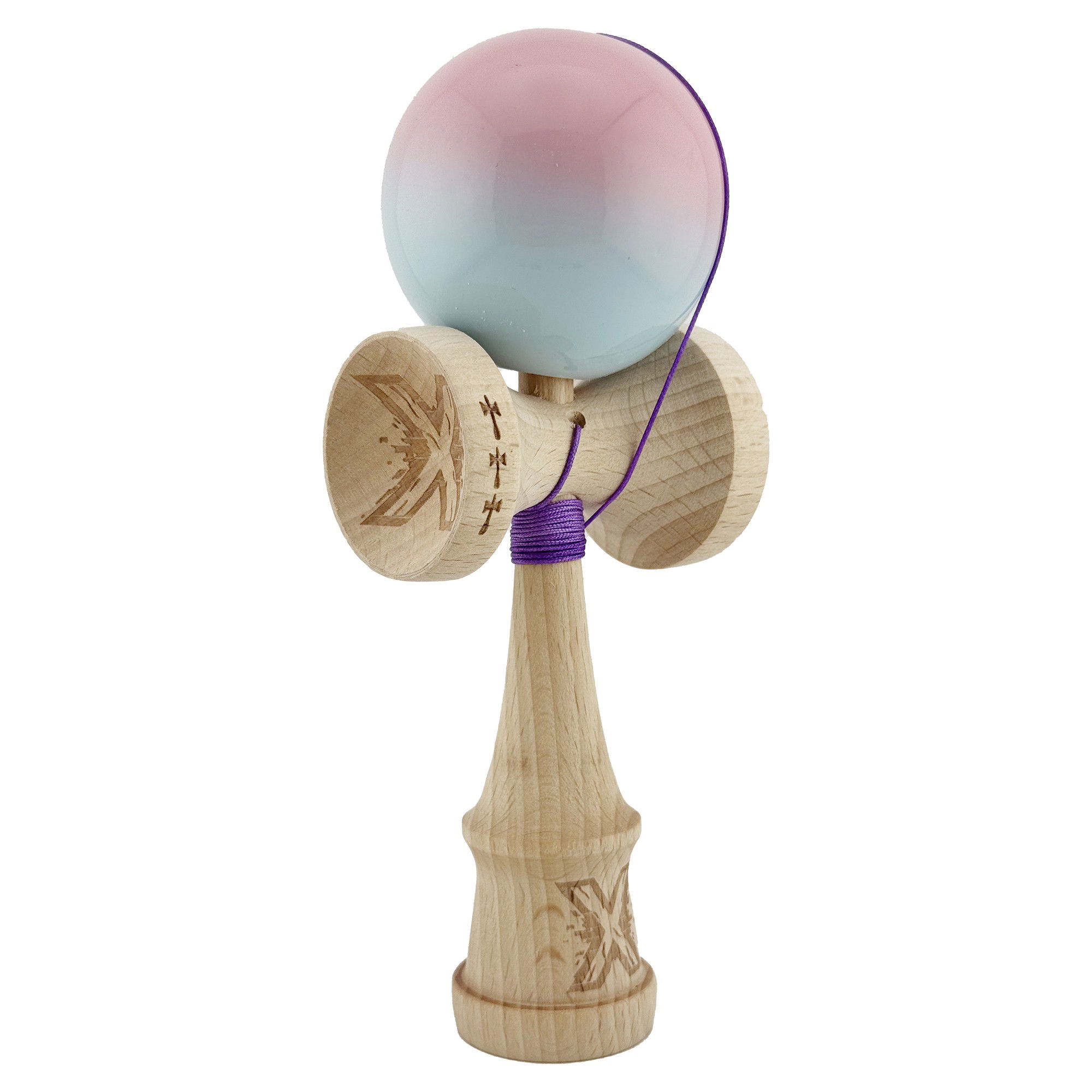 Kendama Super Sticky V2 Cupe Mari - Kendama X Originala, Profesionala, Flippy, Big Cups V2, Super Sticky cu Cupe Mari, din lemn 18 cm, Rulment Metalic cu Ata 55 cm, Roz/Albastru deschis
