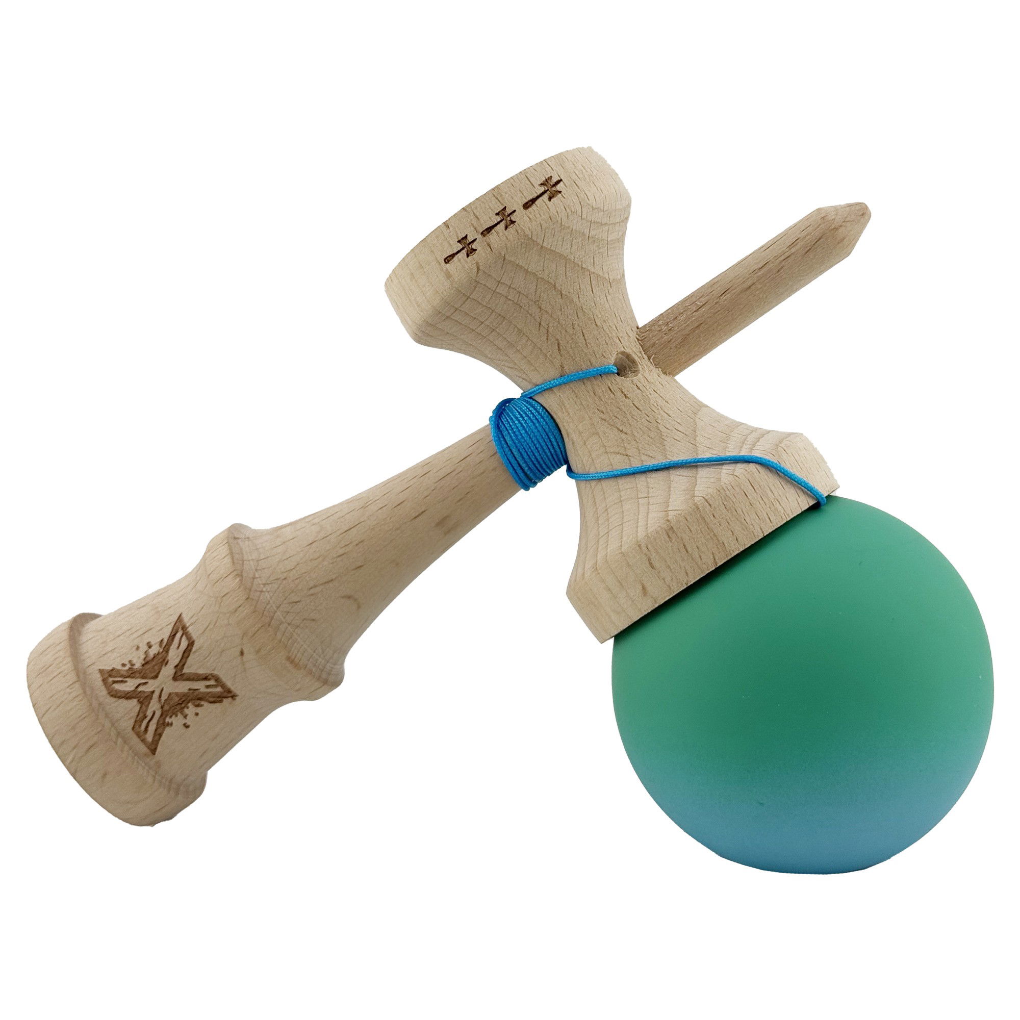 Kendama X Originala, Profesionala, Flippy, Big Cups V2, Rubber Grip cu Cupe Mari, Rulment Metalic cu Ata 55 cm, Verde/Albastru [4]