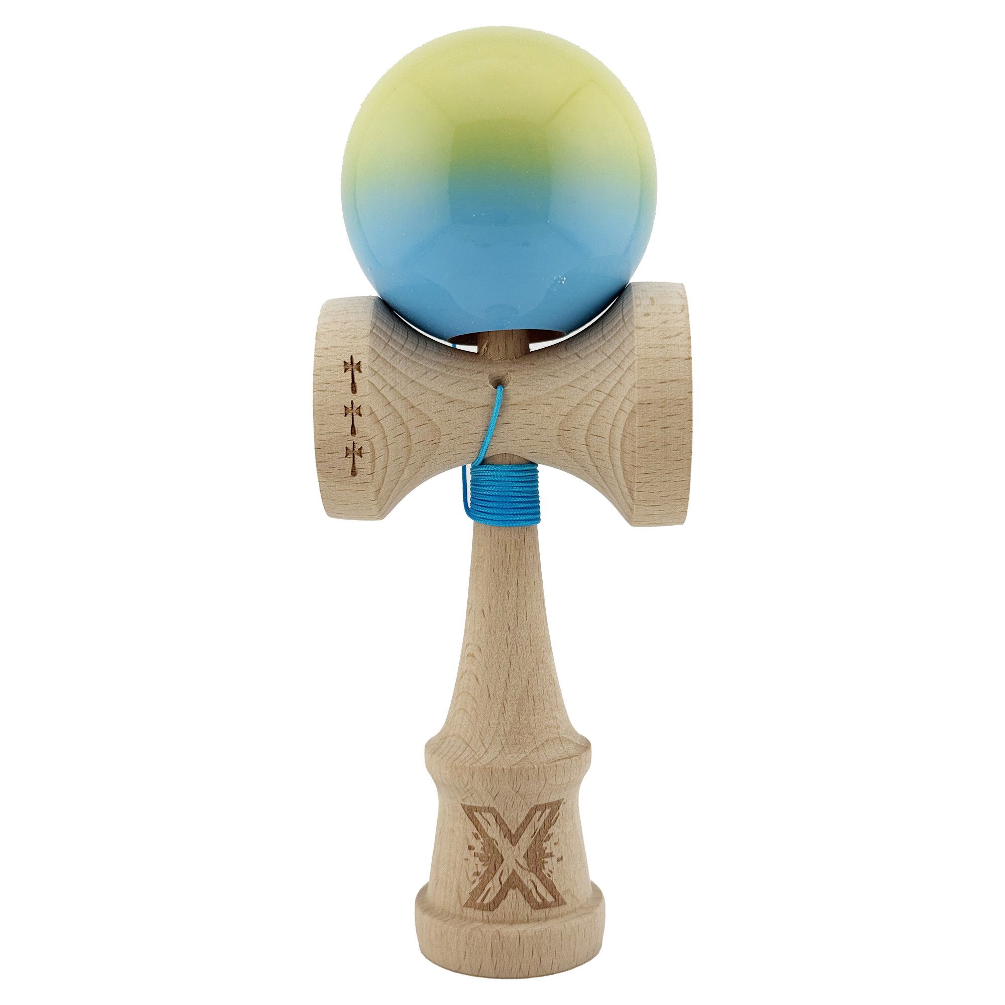 Kendama Super Sticky V2 Cupe Mari - Kendama X Originala, Profesionala, Flippy, Big Cups V2, Super Sticky cu Cupe Mari, din lemn 18 cm, Rulment Metalic cu Ata 55 cm, Galben/Albastru