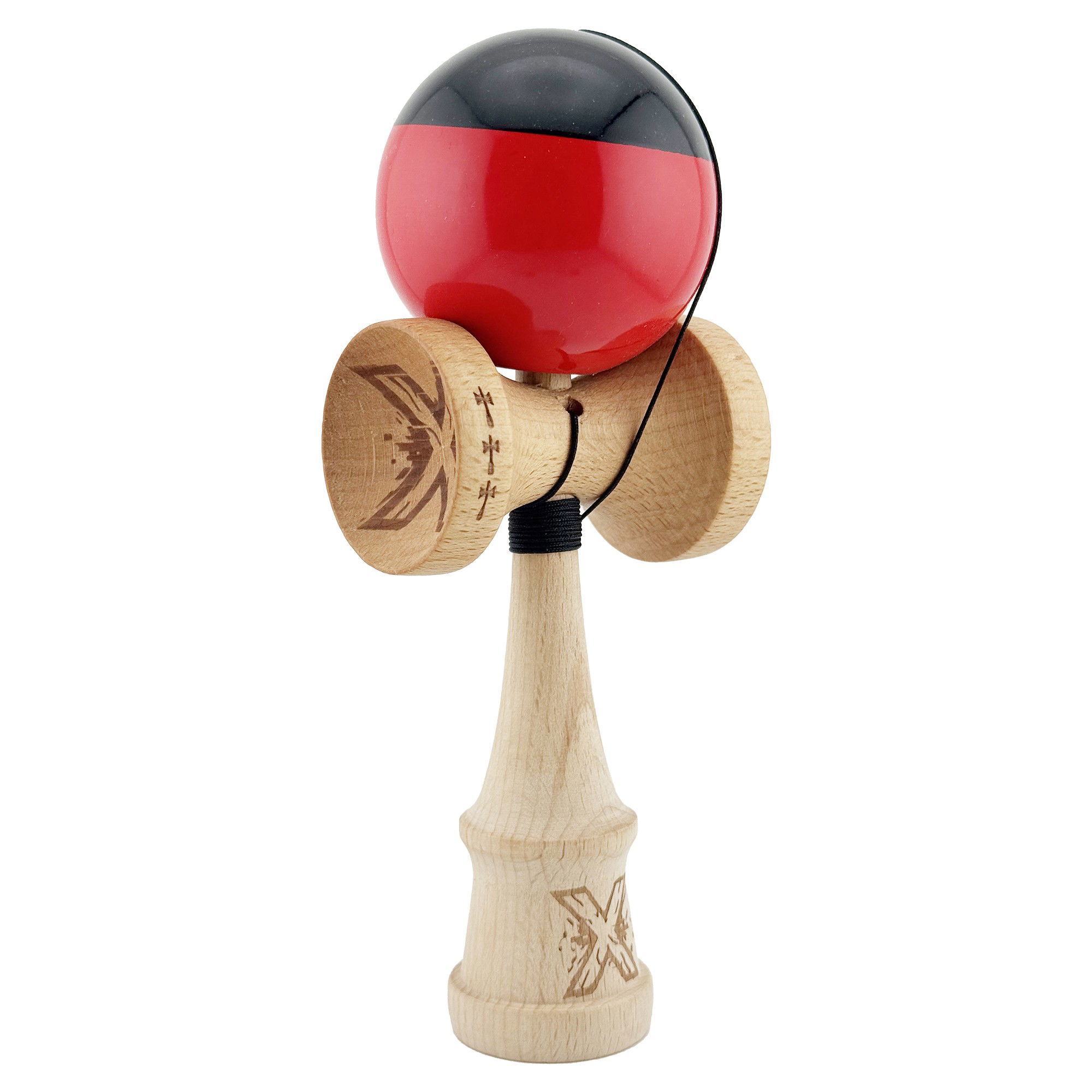 Kendama Super Sticky V2 Cupe Mari - Kendama X Originala, Profesionala, Flippy, Big Cups V2, Super Sticky cu Cupe Mari, Rulment Metalic, din lemn 18 cm, Ata 55 cm, Negru/Rosu
