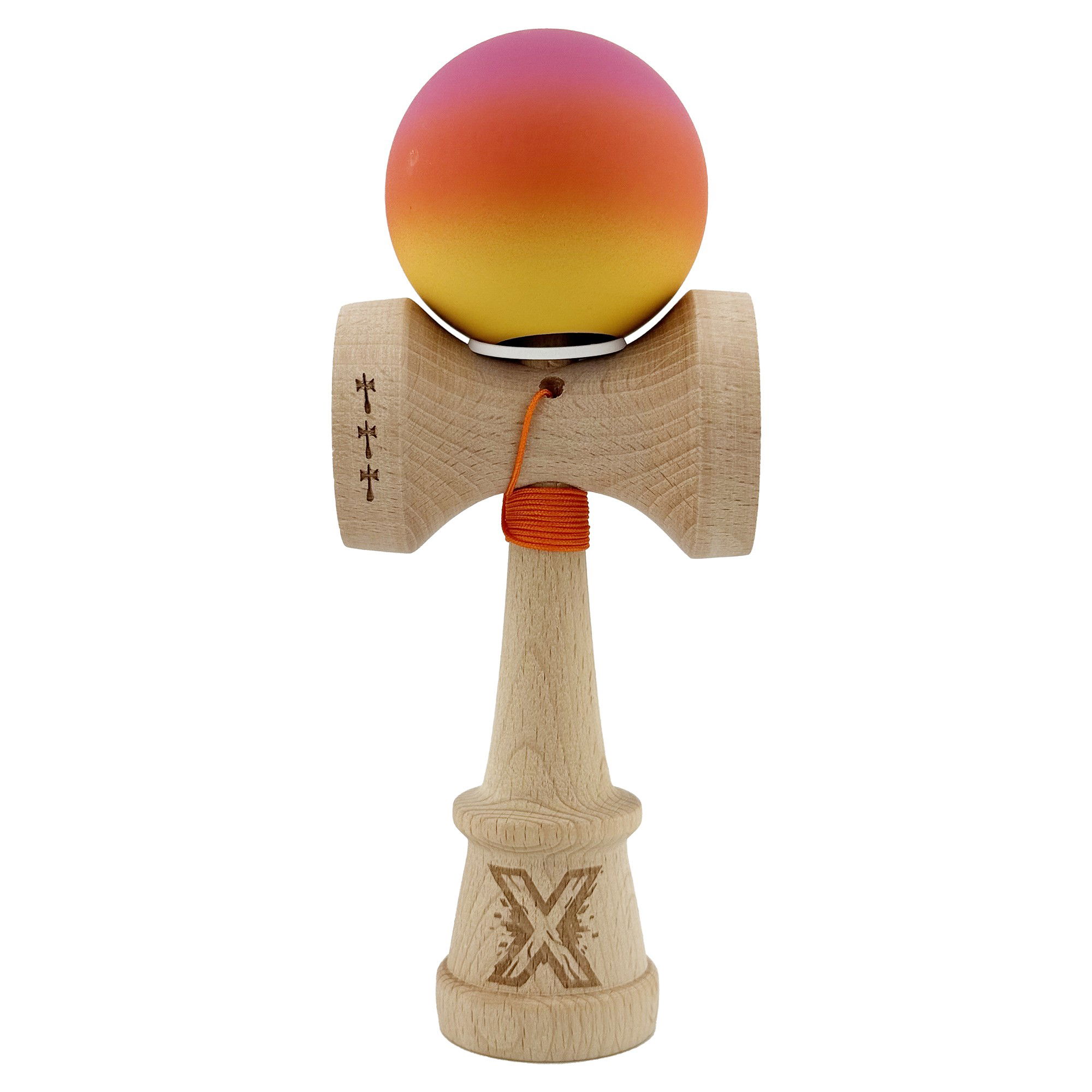 Kendama Rubber Grip V3 Cupe Mari - Kendama X Originala, Profesionala, Flippy, Cupe Mari KING SIZE V3, Rubber Grip, Gaura in Baza, Rulment Metalic, din lemn 18 cm, Ata 62/65 cm, Gradient Roz/Rosu/Galben