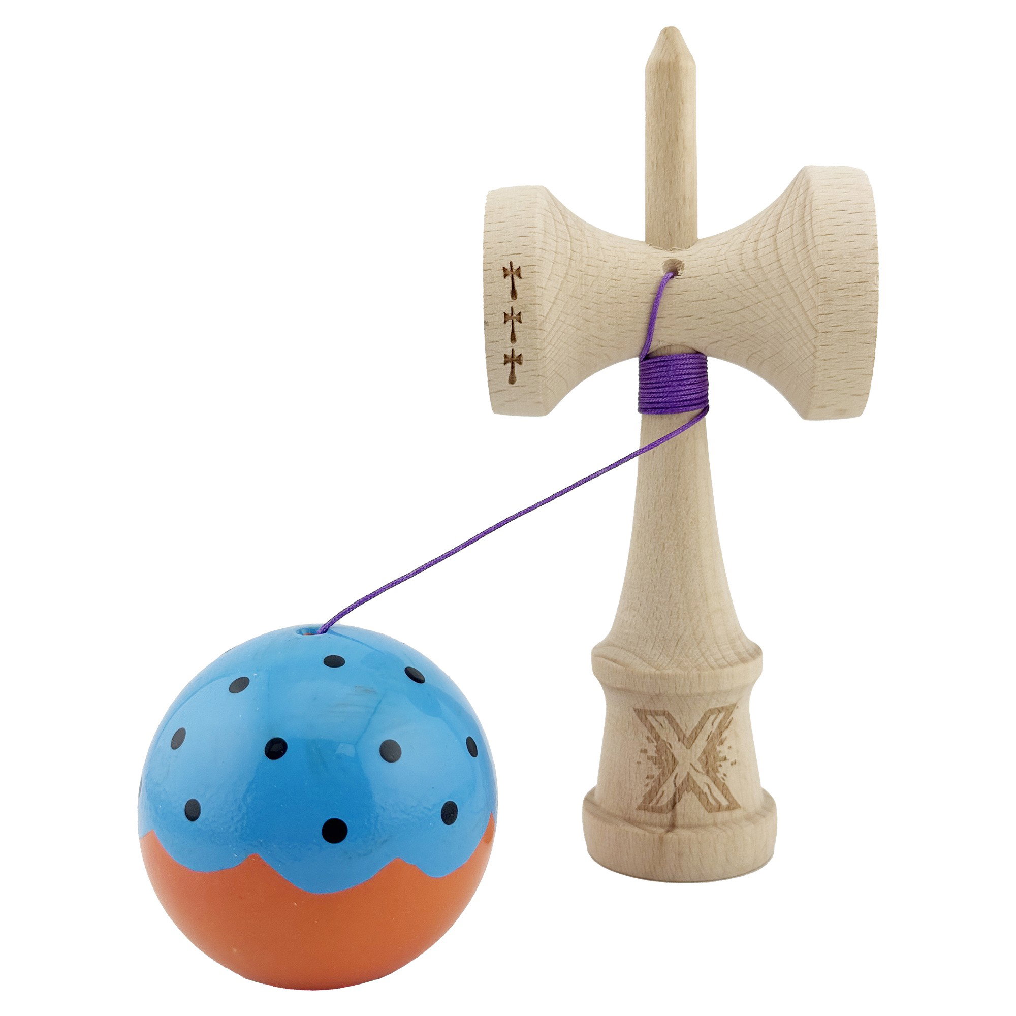 Kendama X Originala, Profesionala, Flippy, Big Cups V2, Super Sticky cu Cupe Mari, din lemn 18 cm, Rulment Metalic cu Ata 55 cm, Albastru/Portocaliu [3]