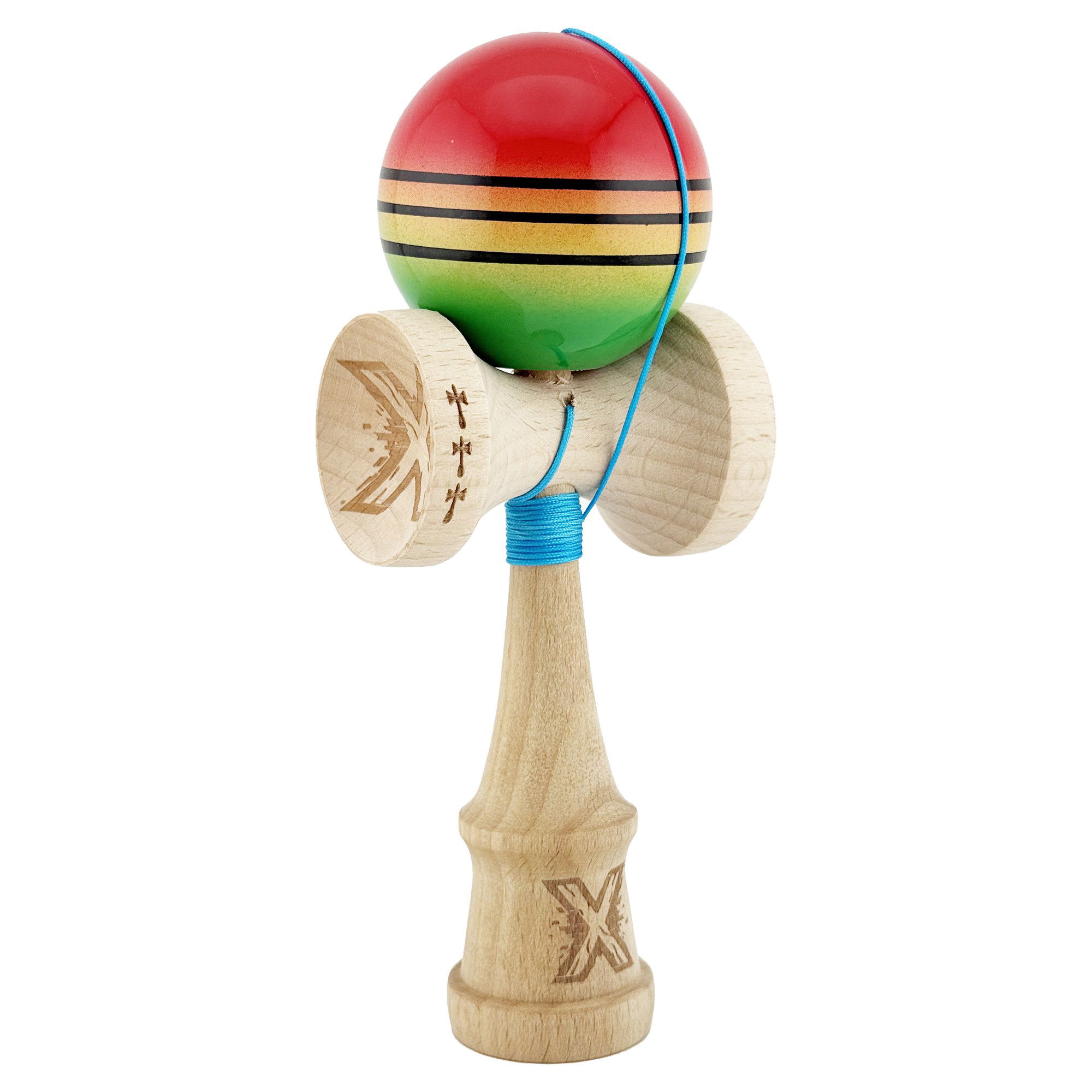 Kendama Super Sticky V2 Cupe Mari - Kendama X Originala, Profesionala, Flippy, Big Cups V2, Super Sticky Legendary Cupe Mari, Rulment Metalic cu Ata 55 cm, Rosu/Galben/Verde