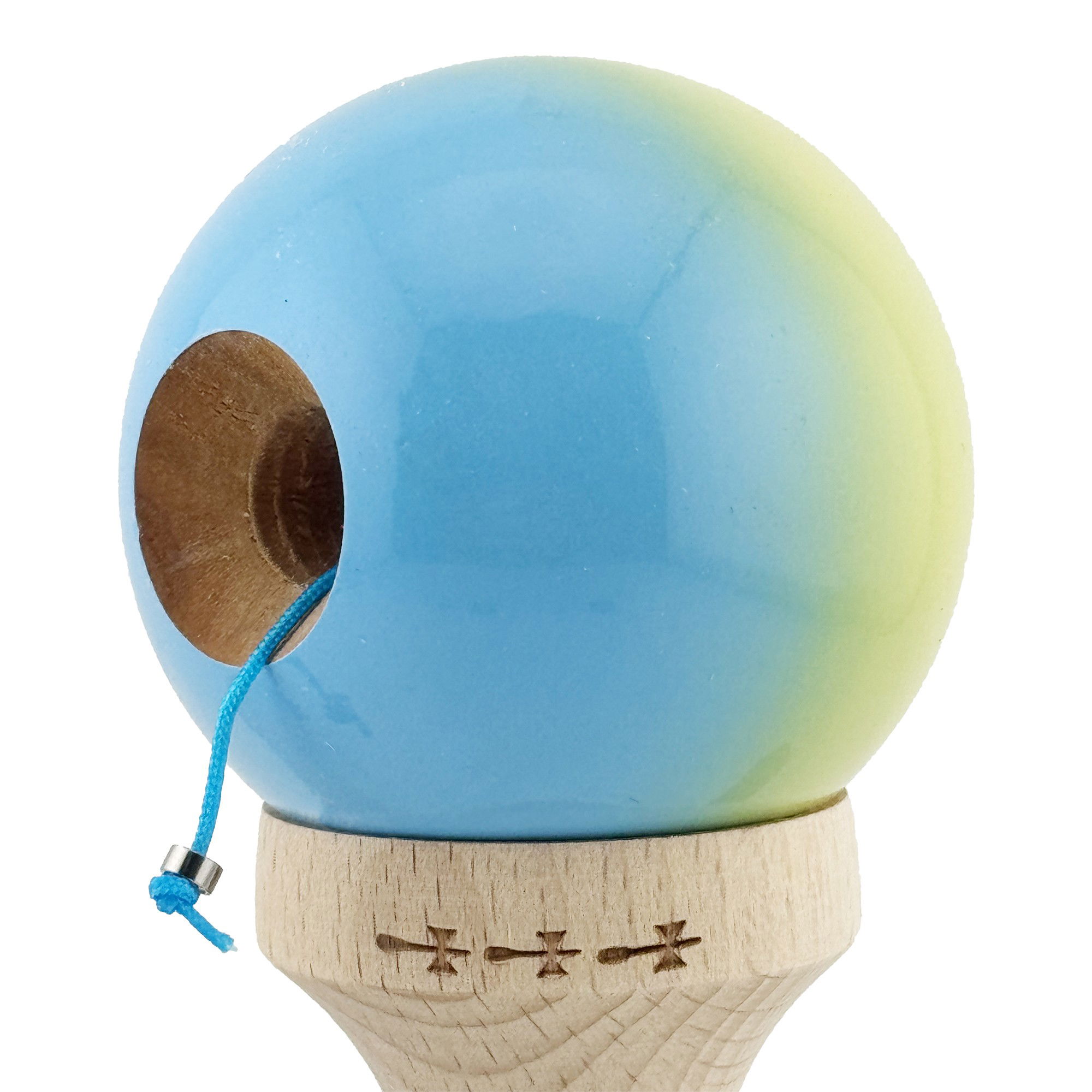 Kendama X Originala, Profesionala, Flippy, Big Cups V2, Super Sticky cu Cupe Mari, din lemn 18 cm, Rulment Metalic cu Ata 55 cm, Galben/Albastru [5]