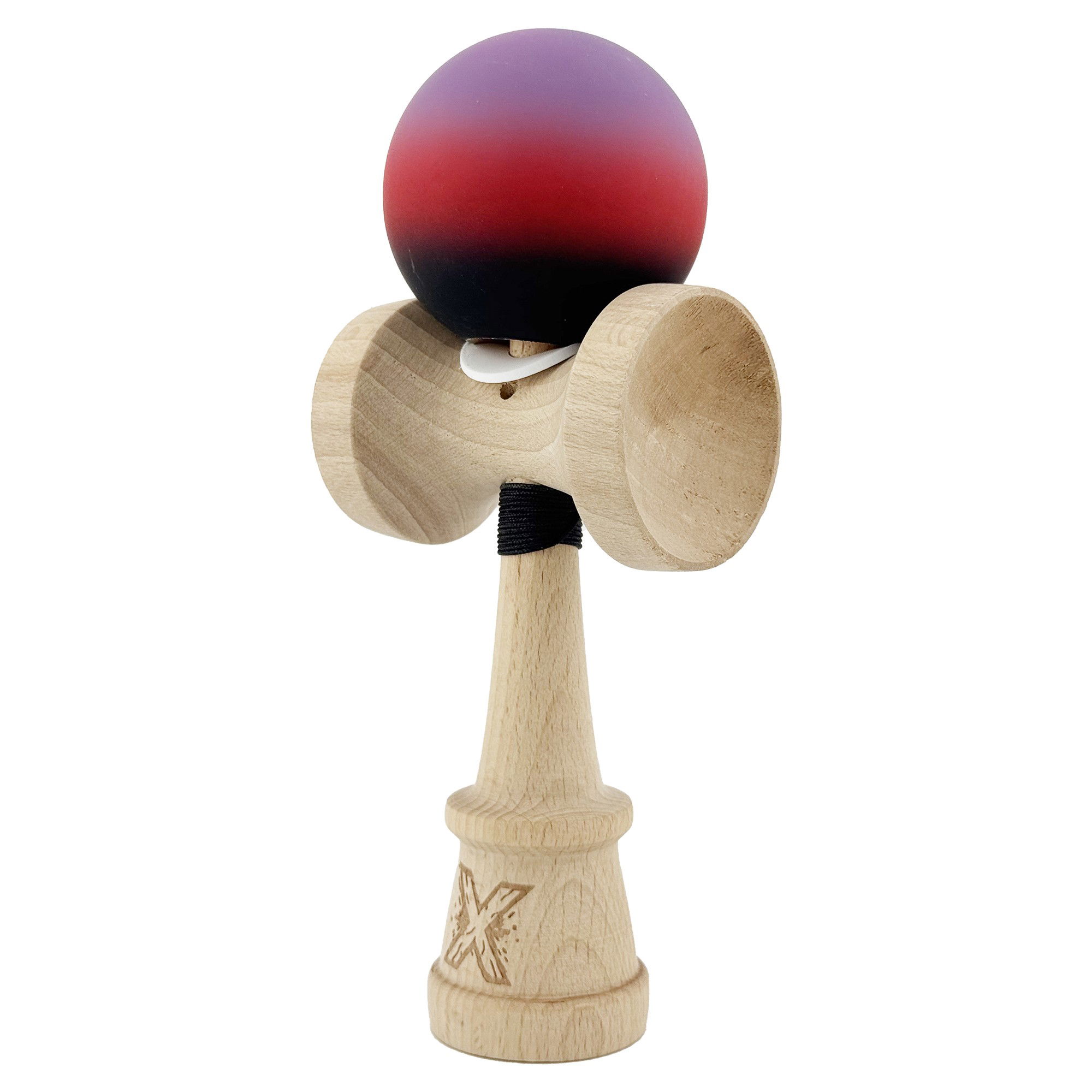 Kendama X Originala, Profesionala, Flippy, Cupe Mari KING SIZE V3, Rubber Grip, Gaura in Baza, Rulment Metalic, din lemn 18 cm, Ata 62/65 cm, Gradient Mov/Rosu/Negru [3]