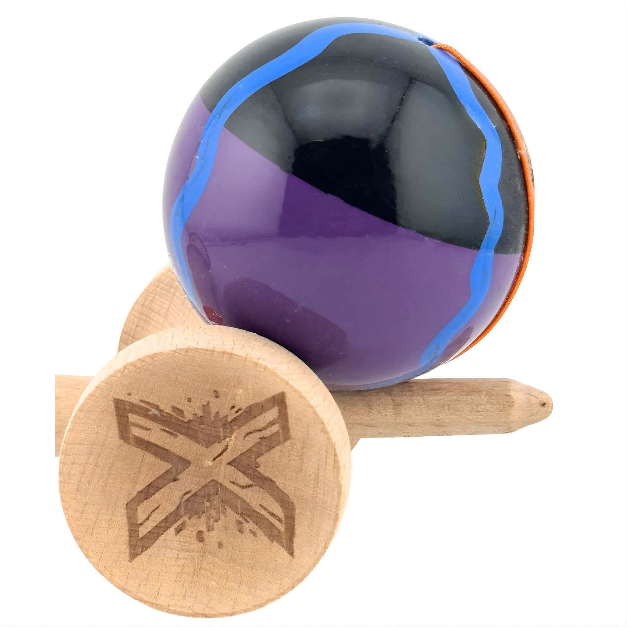 Kendama X Originala, Profesionala, Flippy, Big Cups V2, Super Sticky Cupe Mari, Rulment Metalic cu Ata 55 cm, Negru Mov cu Linii [7]