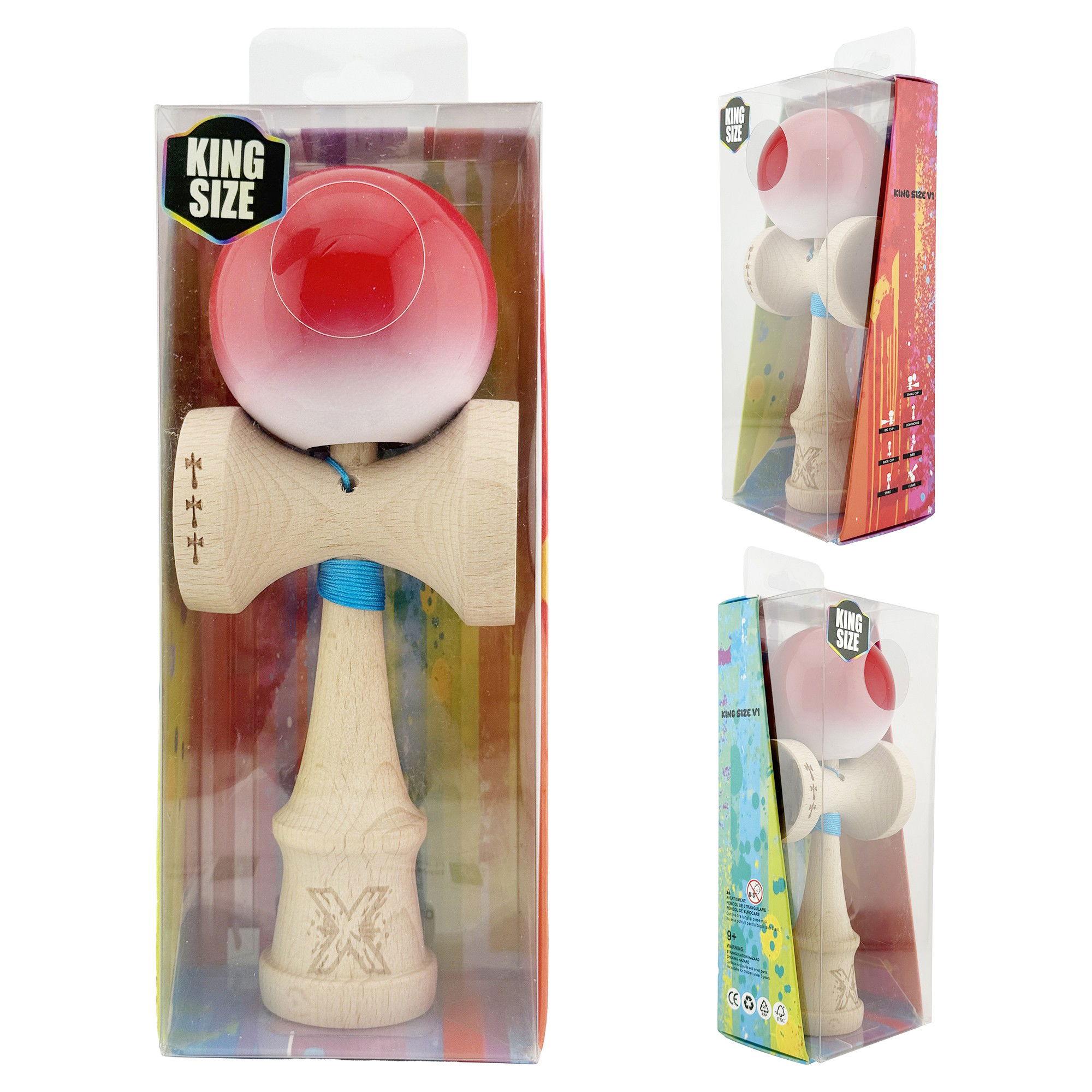 Kendama X Originala, Profesionala, Flippy, Big Cups V2, Super Sticky cu Cupe Mari, din lemn 18 cm, Rulment Metalic cu Ata 55 cm, Gradient Rosu/Alb [10]