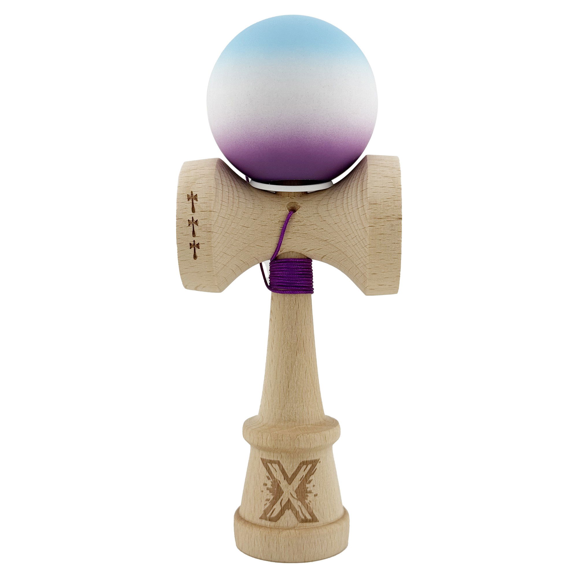 Kendama Rubber Grip V3 Cupe Mari - Kendama X Originala, Profesionala, Flippy, Cupe Mari KING SIZE V3, Rubber Grip, Gaura in Baza, Rulment Metalic, din lemn 18 cm, Ata 62/65 cm, Gradient Albastru deschis/Alb/Mov