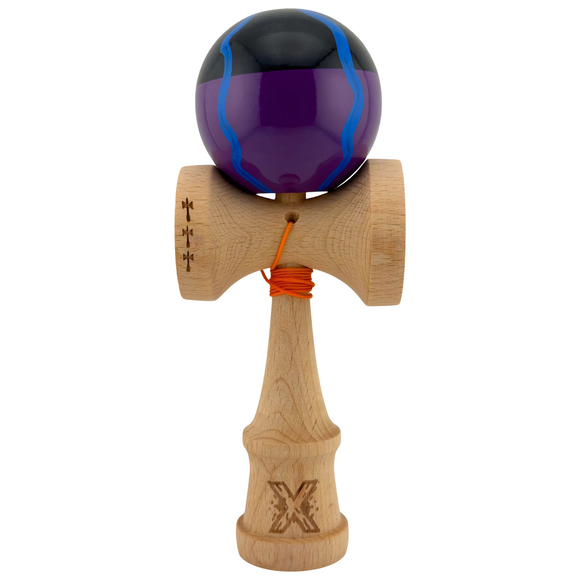 Kendama Super Sticky V2 Cupe Mari - Kendama X Originala, Profesionala, Flippy, Big Cups V2, Super Sticky Cupe Mari, Rulment Metalic cu Ata 55 cm, Negru Mov cu Linii