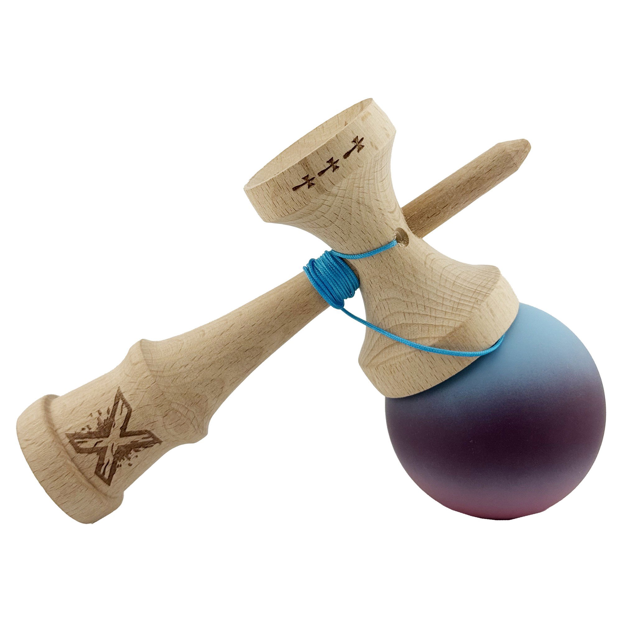 Kendama X Originala, Profesionala, Flippy, Big Cups V2, Rubber Grip cu Cupe Mari, Rulment Metalic cu Ata 55 cm, Gradient Albastru/Mov/Roz [9]