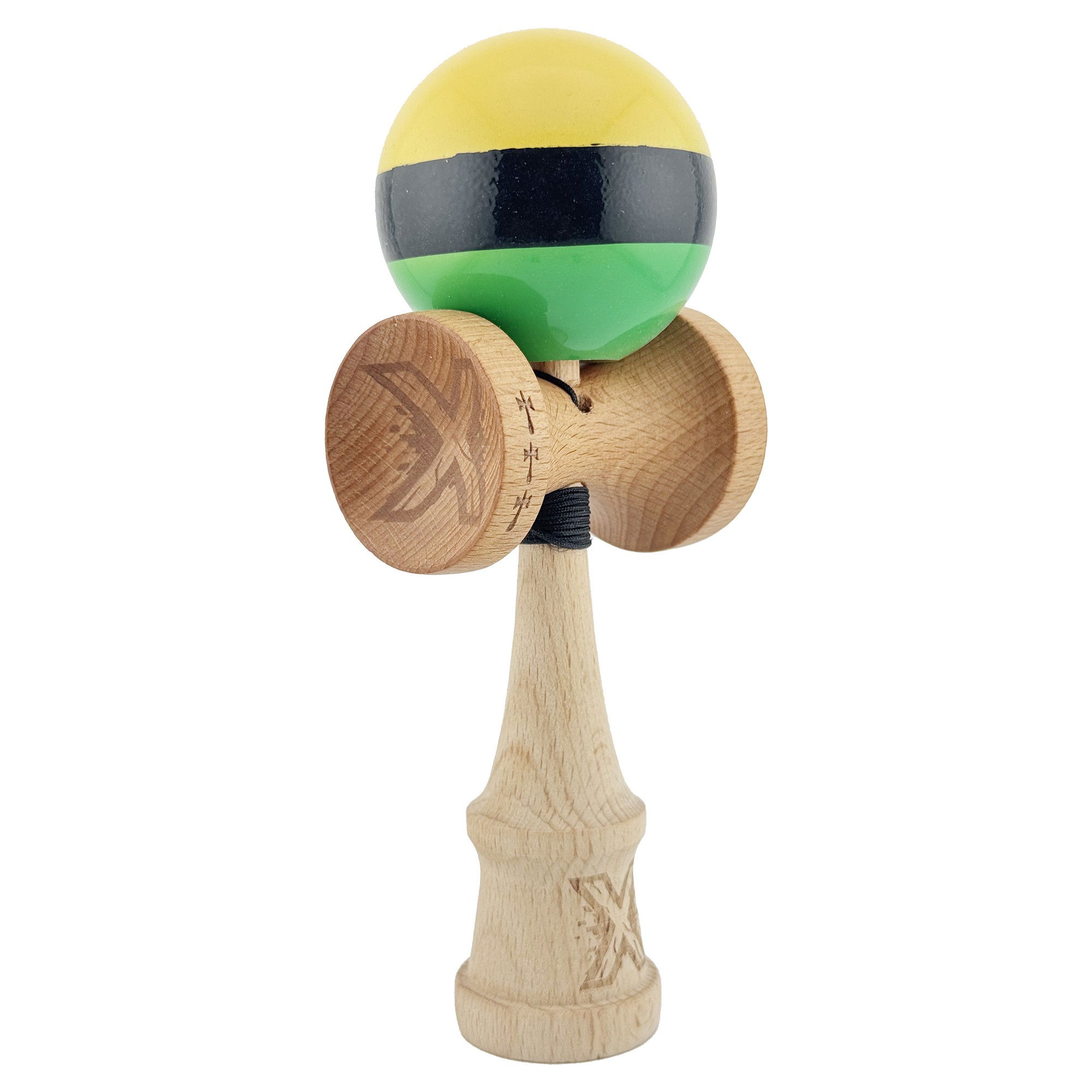 Kendama X Originala, Profesionala, Flippy, Big Cups V2, Super Sticky cu Cupe Mari, din lemn 18 cm, Rulment Metalic cu Ata 55 cm, Galben/Negru/Verde [10]