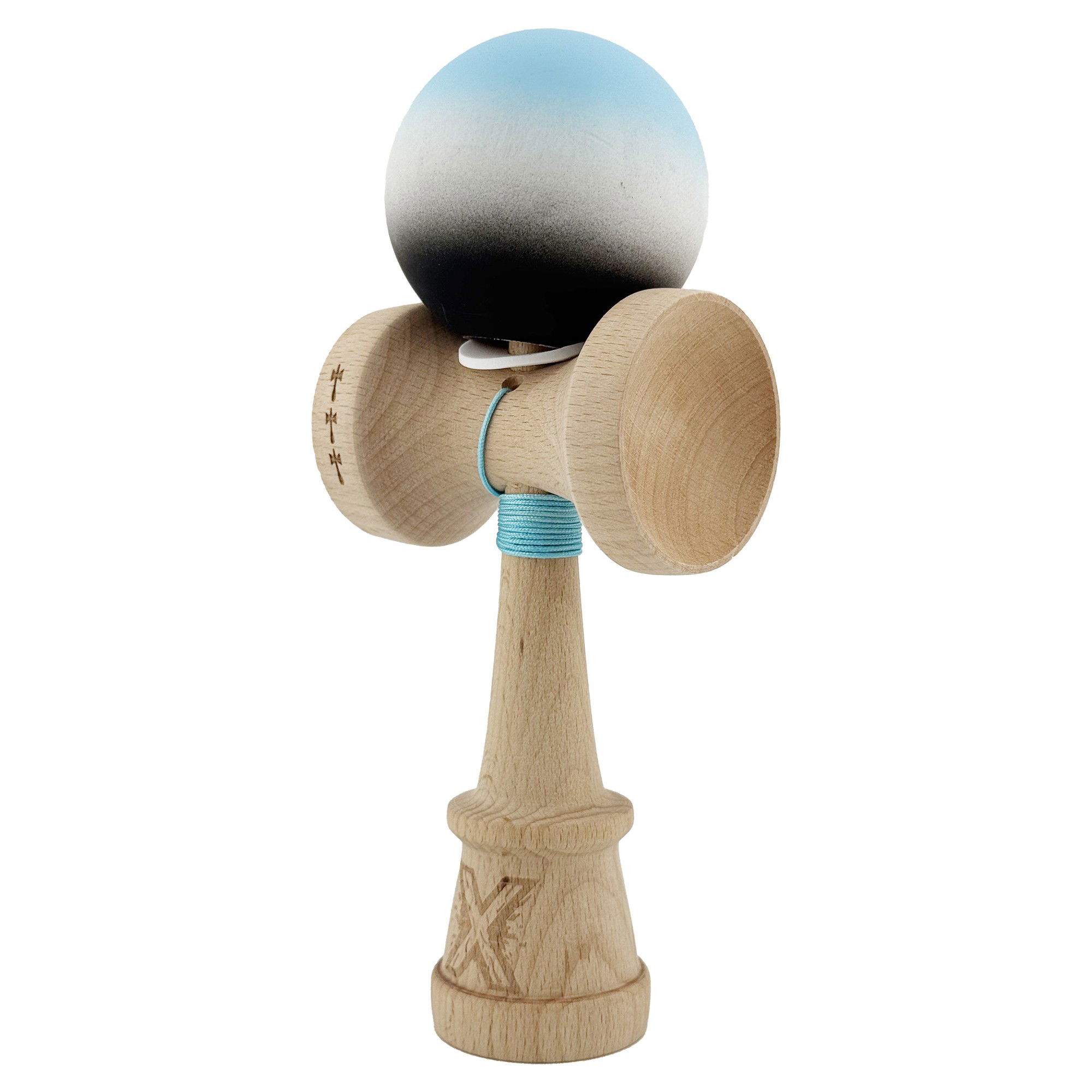 Kendama X Originala, Profesionala, Flippy, Cupe Mari KING SIZE V3, Rubber Grip, Gaura in Baza, Rulment Metalic, din lemn 18 cm, Ata 62/65 cm, Gradient Albastru deschis/Alb/Negru [3]