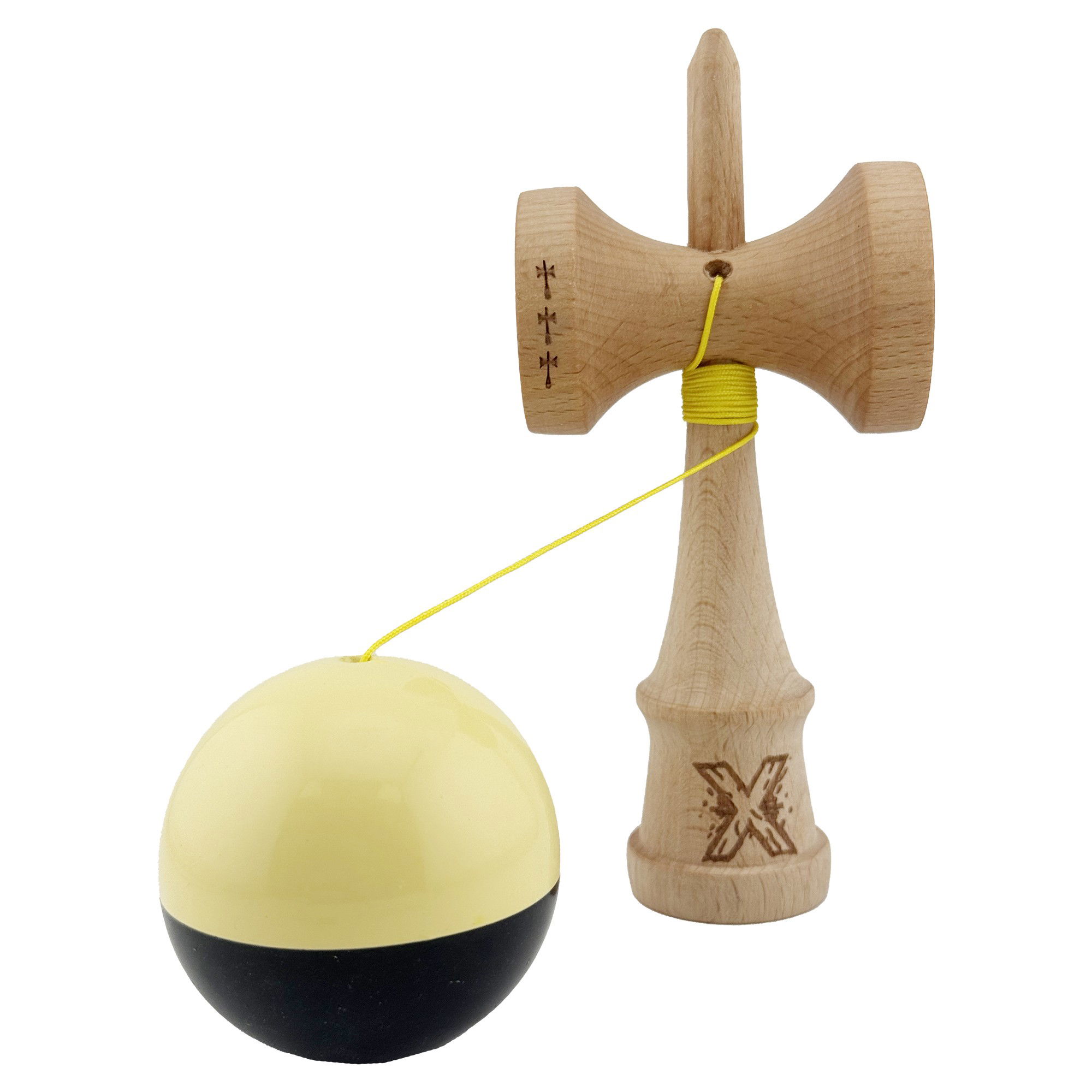 Kendama X Originala, Profesionala, Flippy, Big Cups V2, Super Sticky cu Cupe Mari, Rulment Metalic, din lemn 18 cm, Ata 55 cm, Galben/Negru [3]