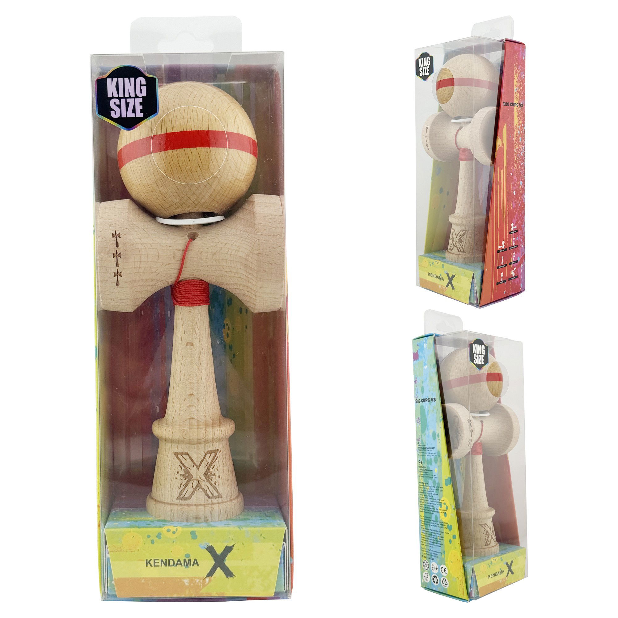 Kendama X Originala, Profesionala, Flippy, Super Sticky, Cupe Mari KING SIZE V3, Gaura in Baza, Rulment Metalic, din lemn 18 cm, Ata 62/65 cm, Original Rosu [6]