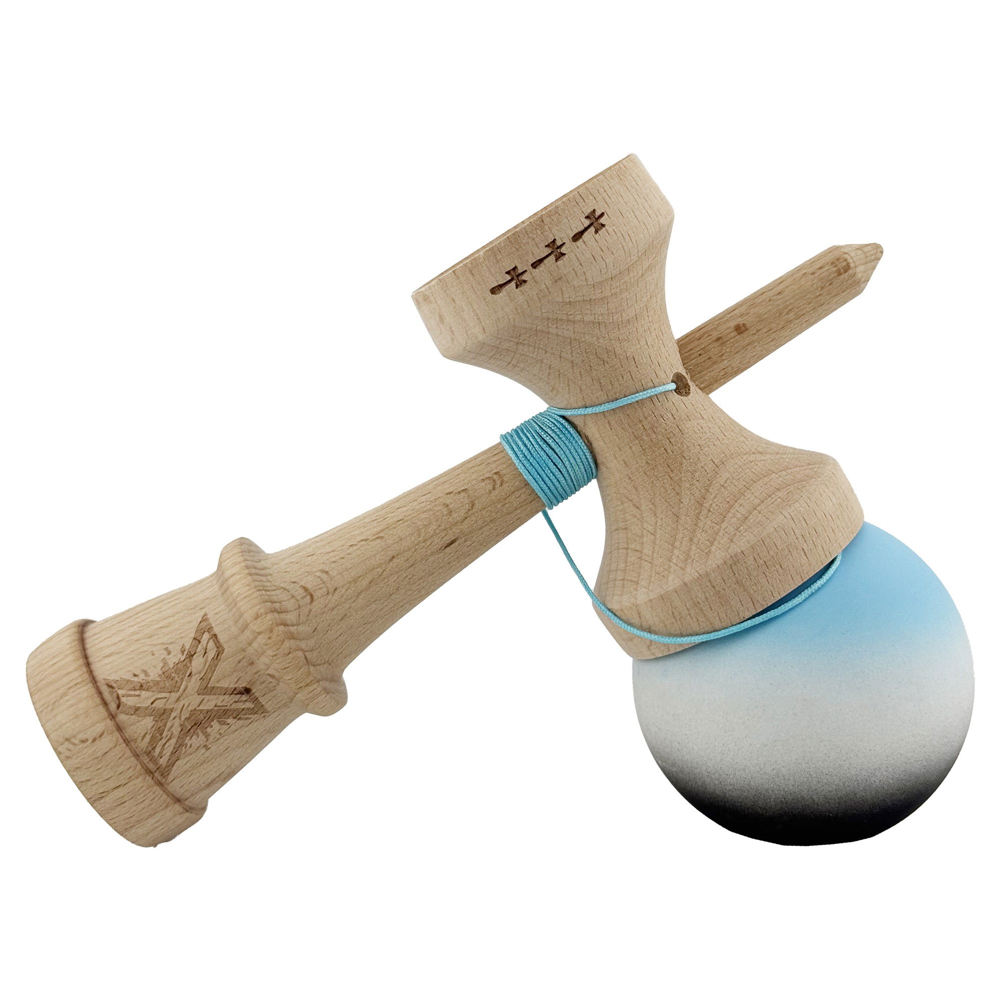 Kendama X Originala, Profesionala, Flippy, Cupe Mari KING SIZE V3, Rubber Grip, Gaura in Baza, Rulment Metalic, din lemn 18 cm, Ata 62/65 cm, Gradient Albastru deschis/Alb/Negru [5]