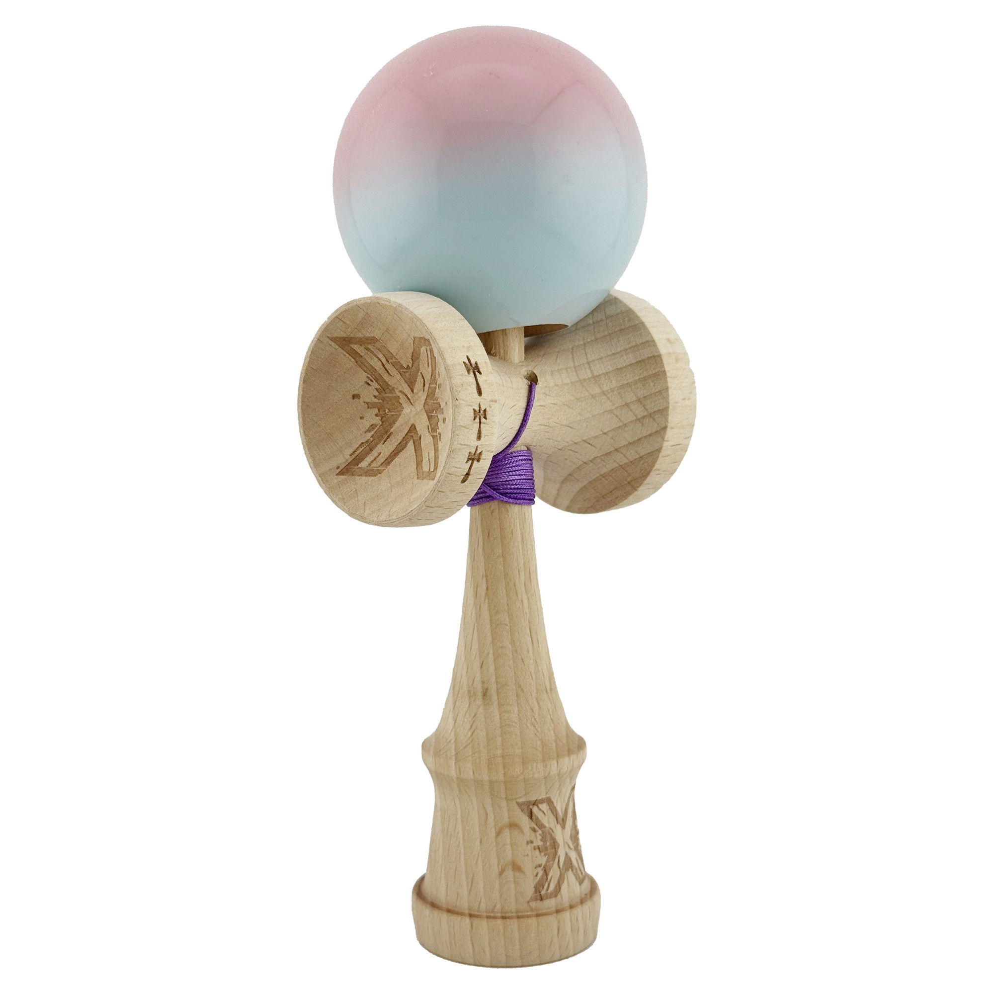 Kendama X Originala, Profesionala, Flippy, Big Cups V2, Super Sticky cu Cupe Mari, din lemn 18 cm, Rulment Metalic cu Ata 55 cm, Roz/Albastru deschis [9]